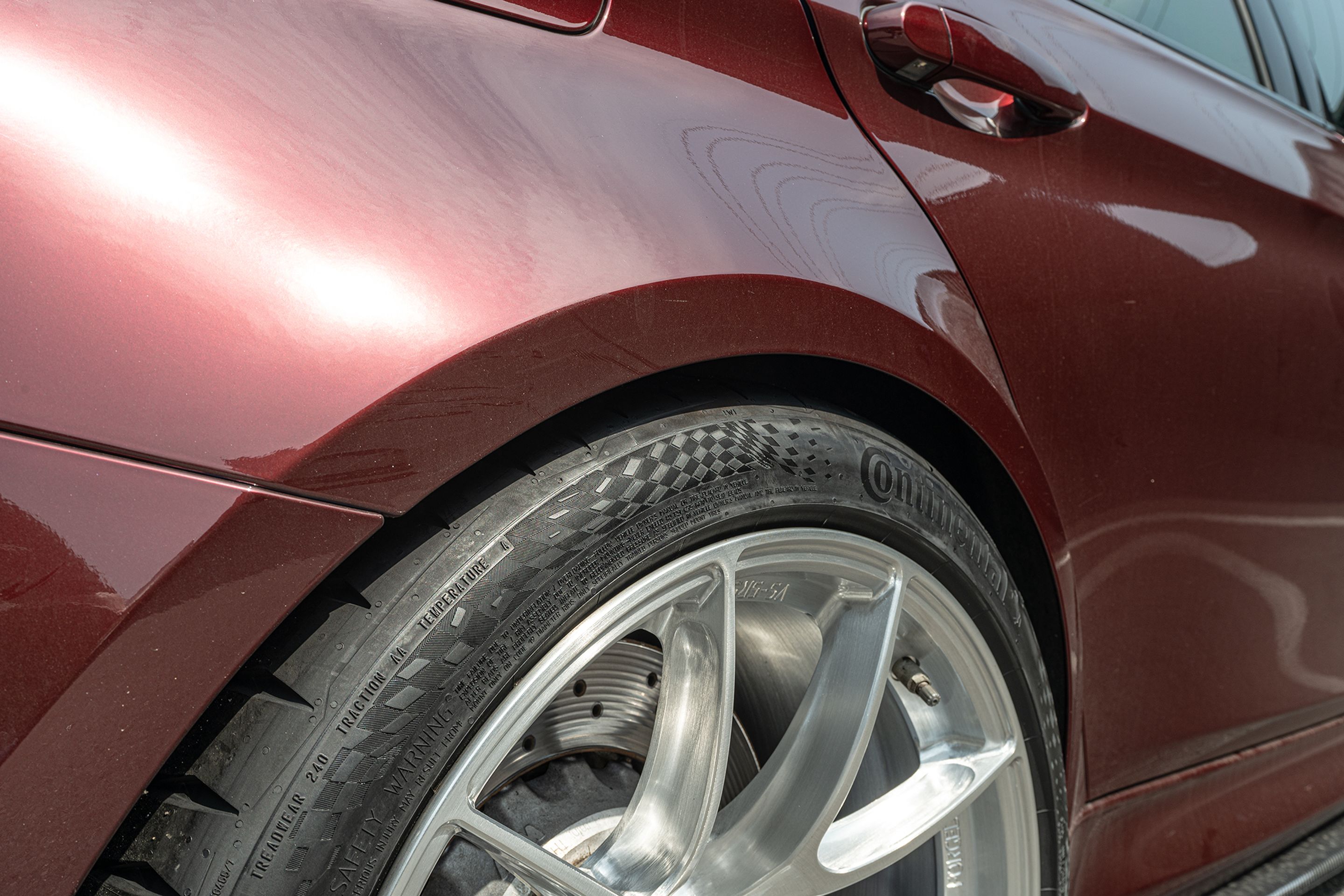 Red BMW F80 M3 with 19" VS-5RS Apex wheels in Brushed Clear