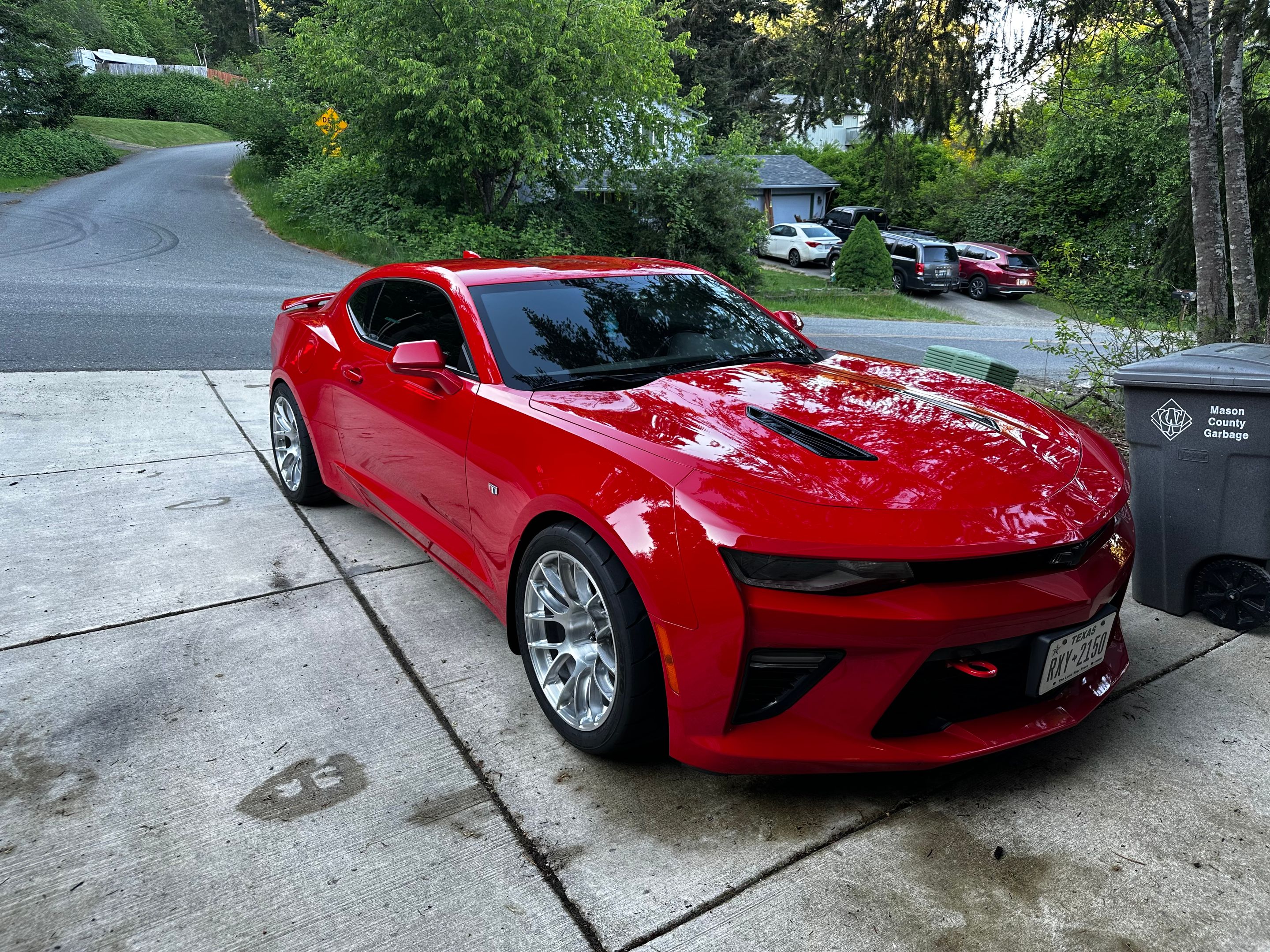 Red Chevrolet 6th Gen Camaro SS with 18" EC-7RS Apex wheels in Brushed Clear
