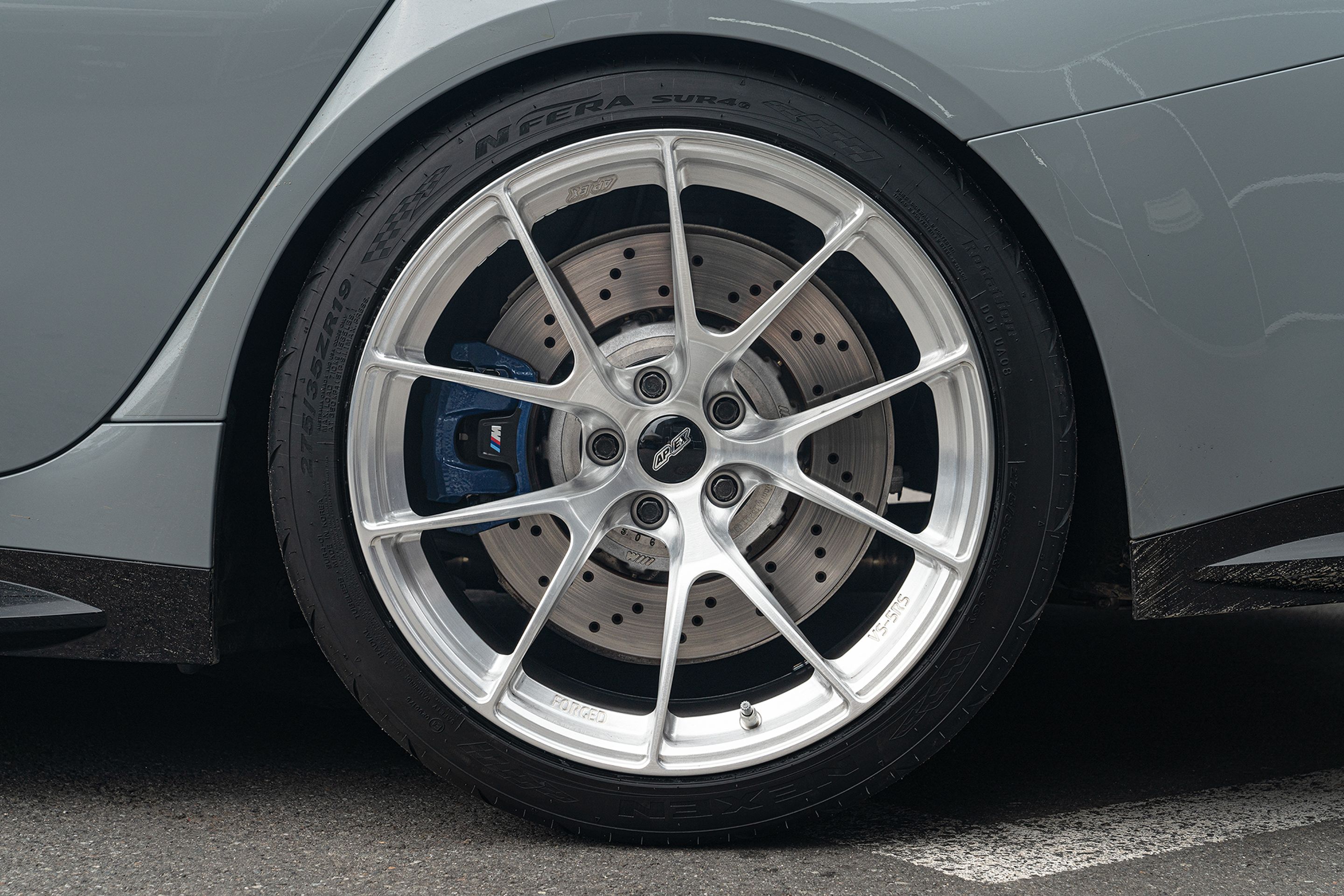 Grey BMW G80 M3 with 19" VS-5RS Apex wheels in Brushed Clear