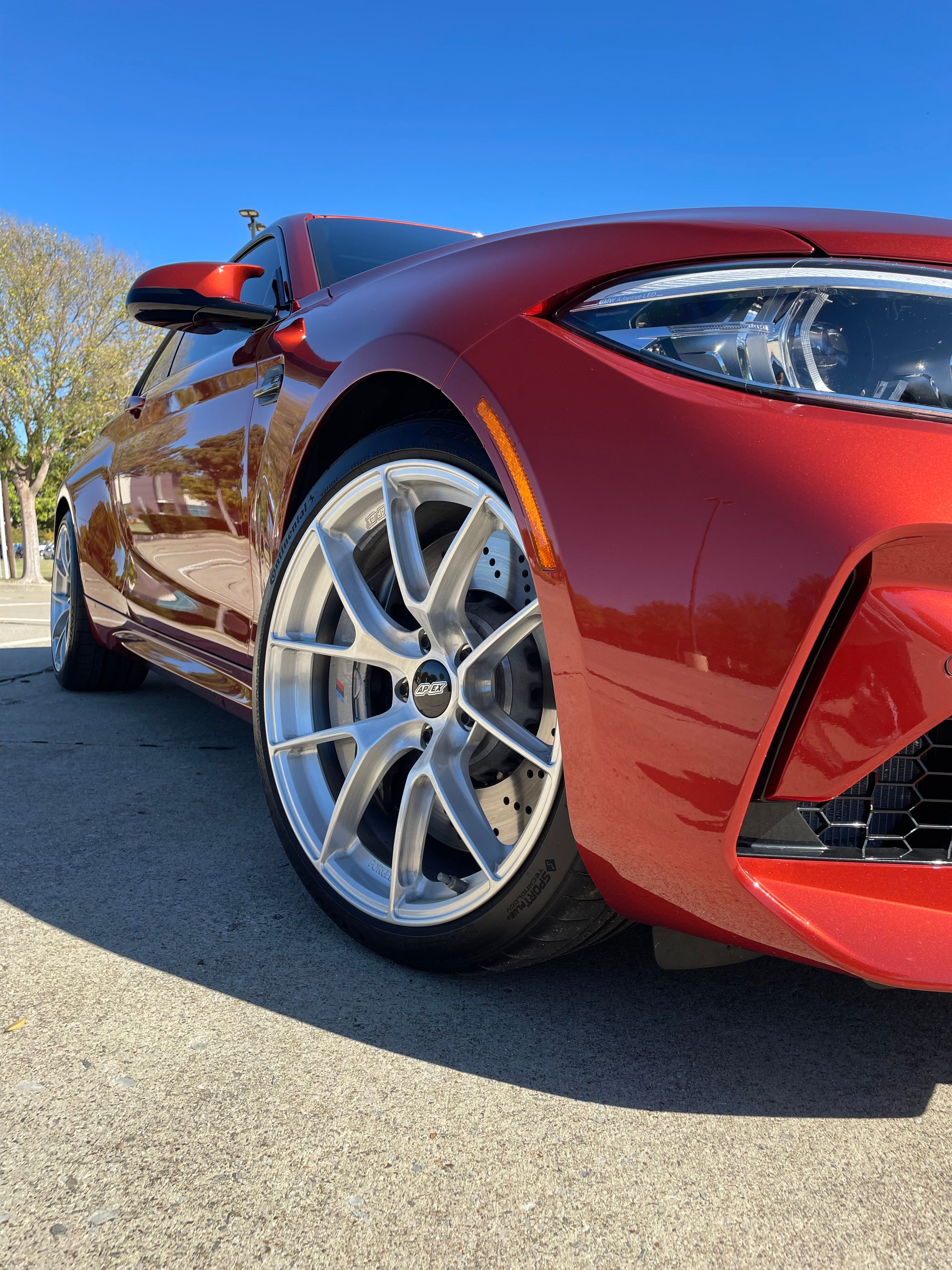 Orange BMW F87 M2 with 19" VS-5RS Apex wheels in Brushed Clear