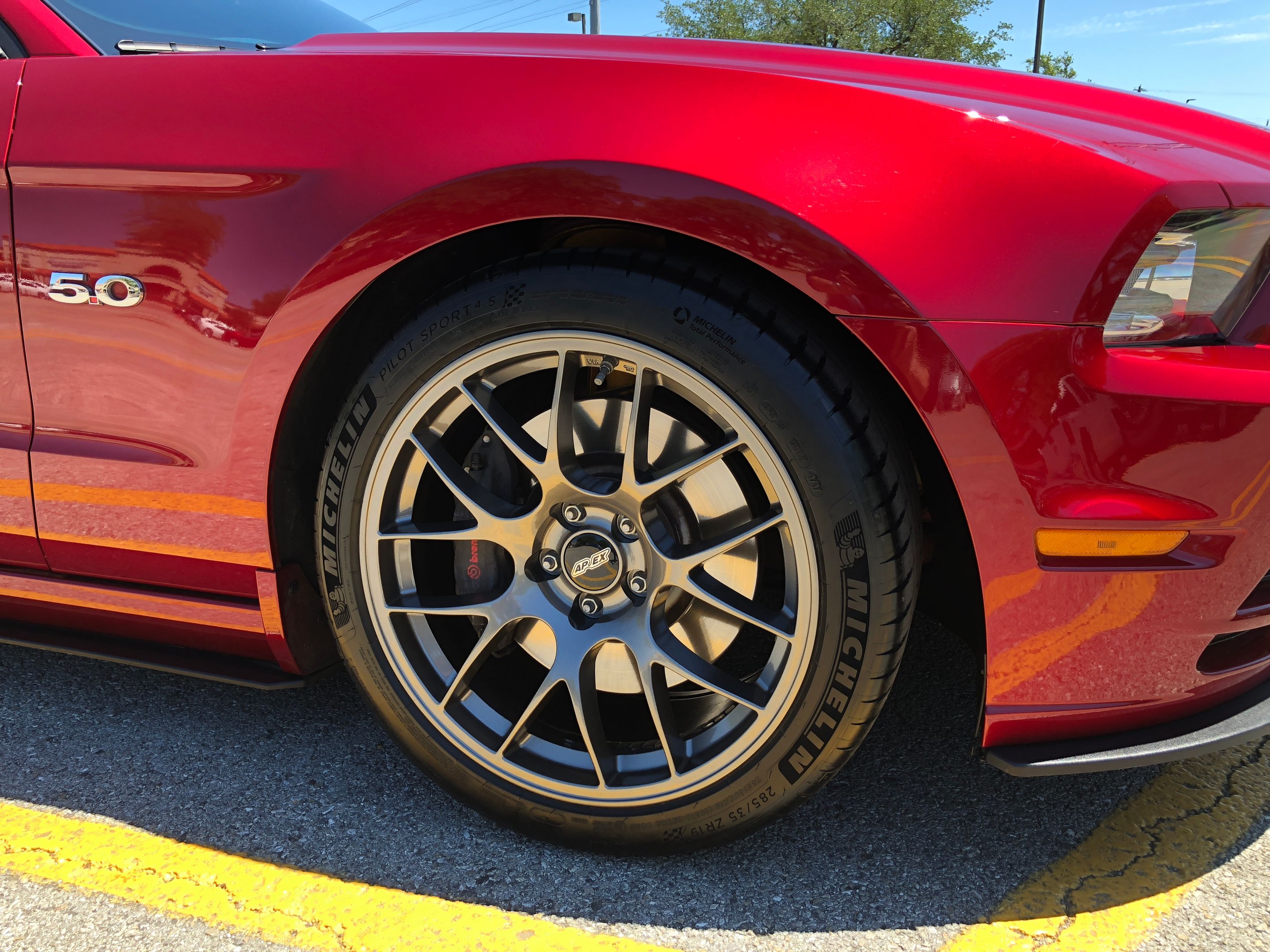 Red Ford S197 Mustang GT with 19" EC-7 Apex wheels in Anthracite