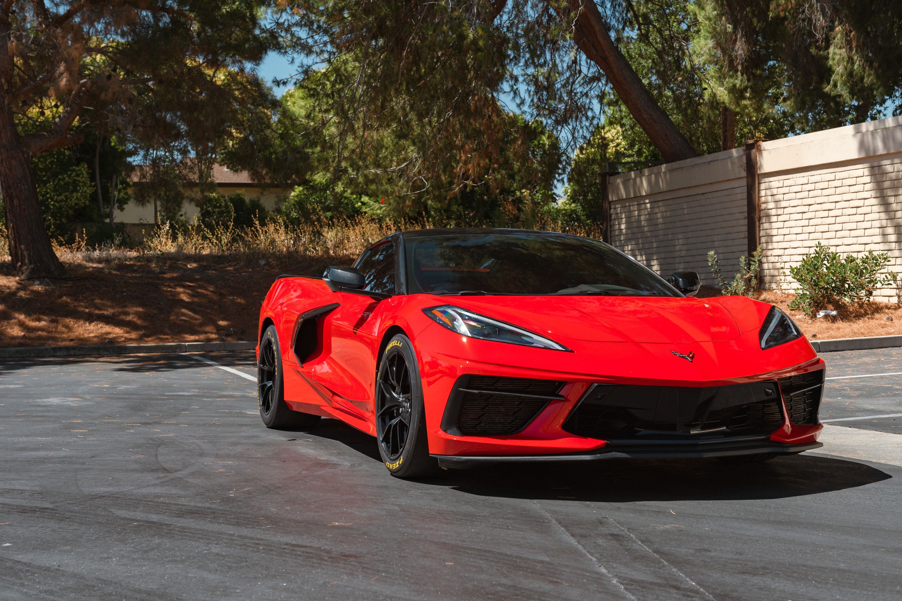Red Chevrolet C8 Corvette Stingray/Z51 with 18" VS-5RS Apex wheels in Satin Black
