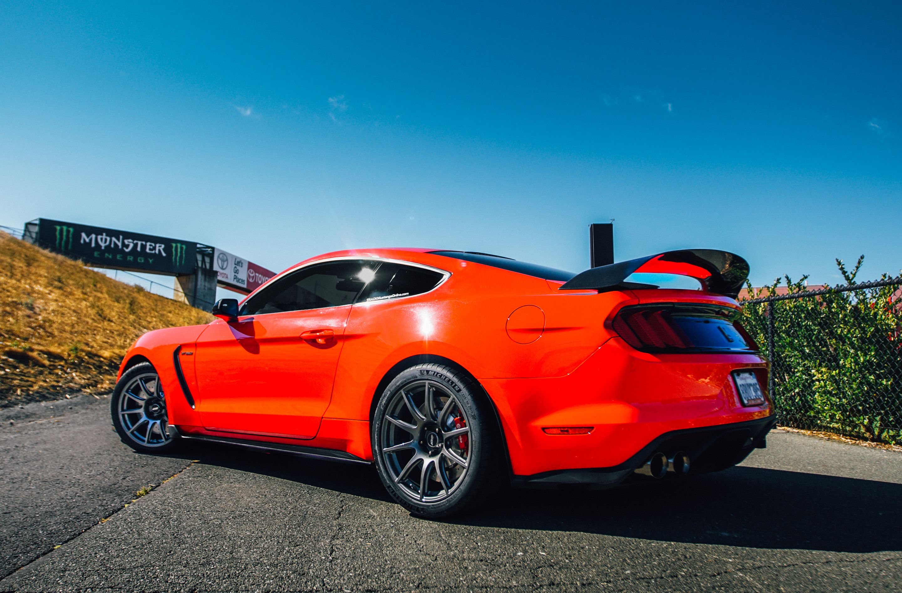 Red Ford S550 Mustang GT350 with 19" SM-10 Apex wheels in Anthracite