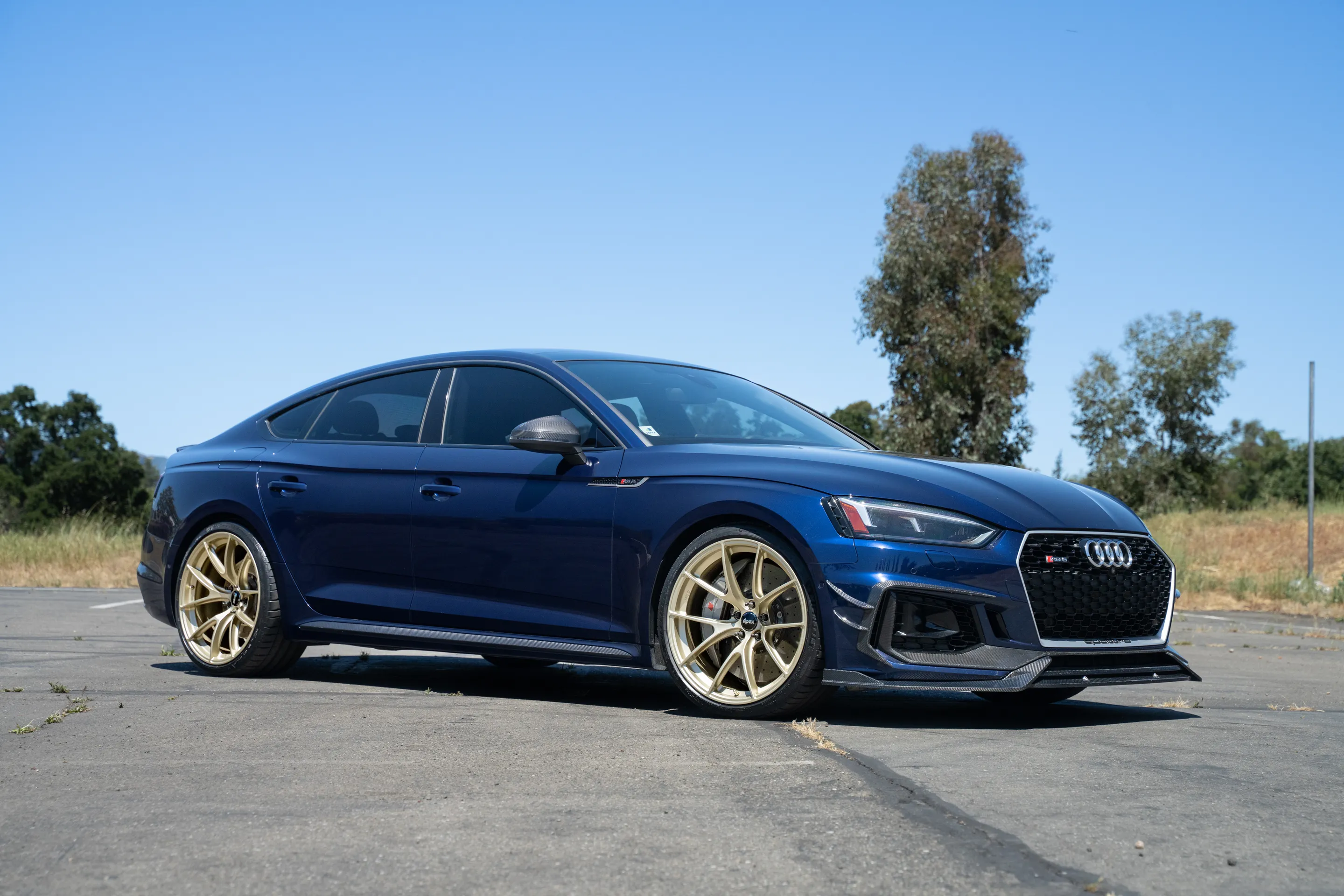 Blue Audi B9 RS 5 Sportback with 20" VS-5RS Apex wheels in Motorsport Gold