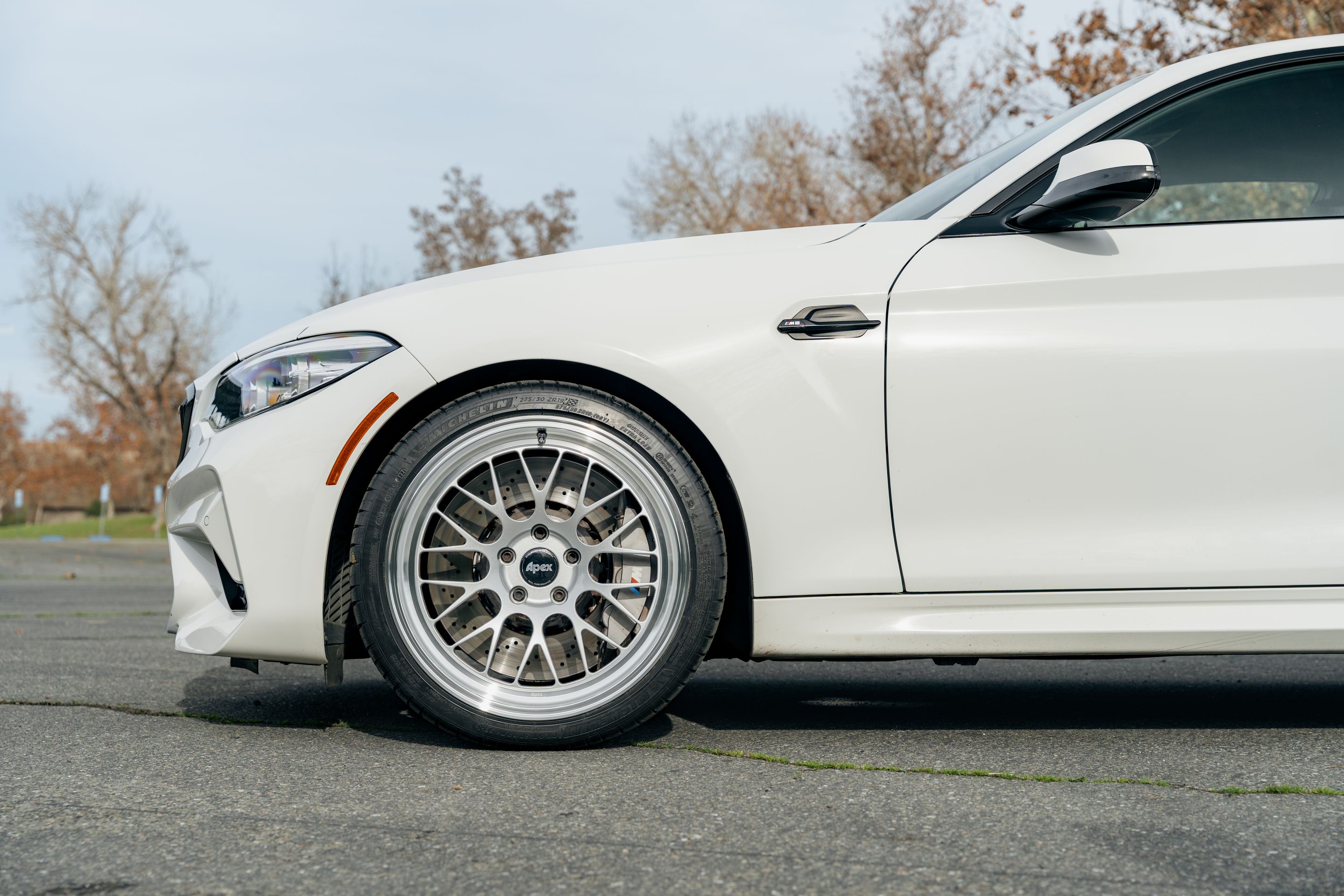 White BMW F87 M2 with 19" ML-10RT Apex wheels in Machined Lip Race Silver