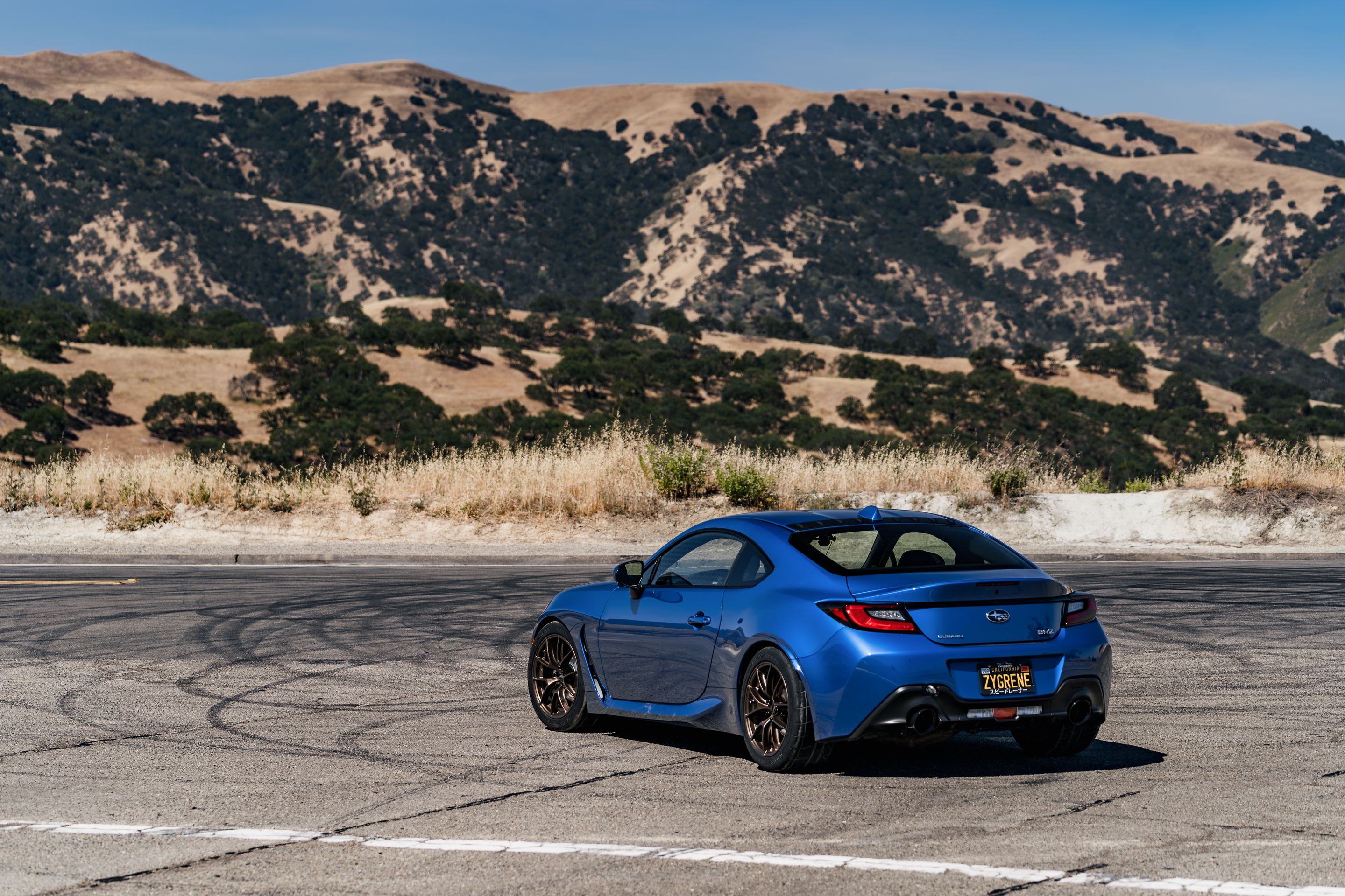Blue Subaru ZD8 / Gen 2 BRZ with 17" VS-5RS Apex wheels in Satin Bronze