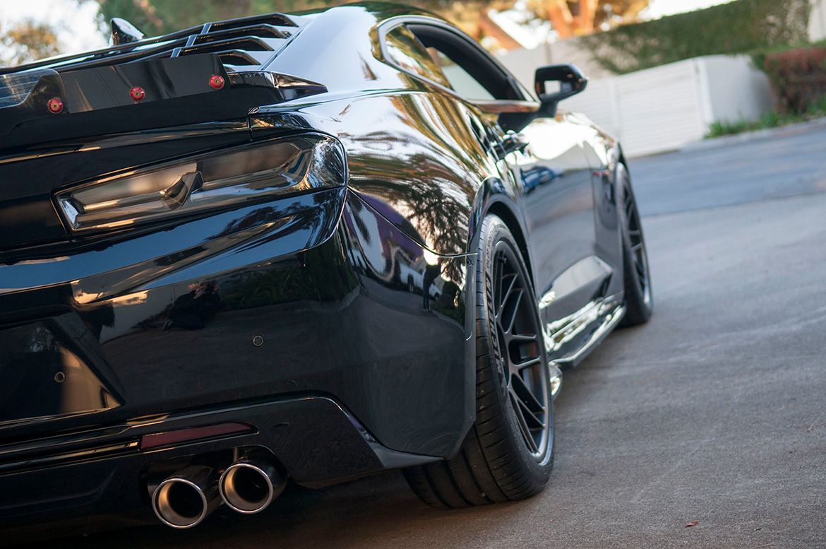 Black Chevrolet 6th Gen Camaro SS with 19" ARC-8 Apex wheels in Satin Black