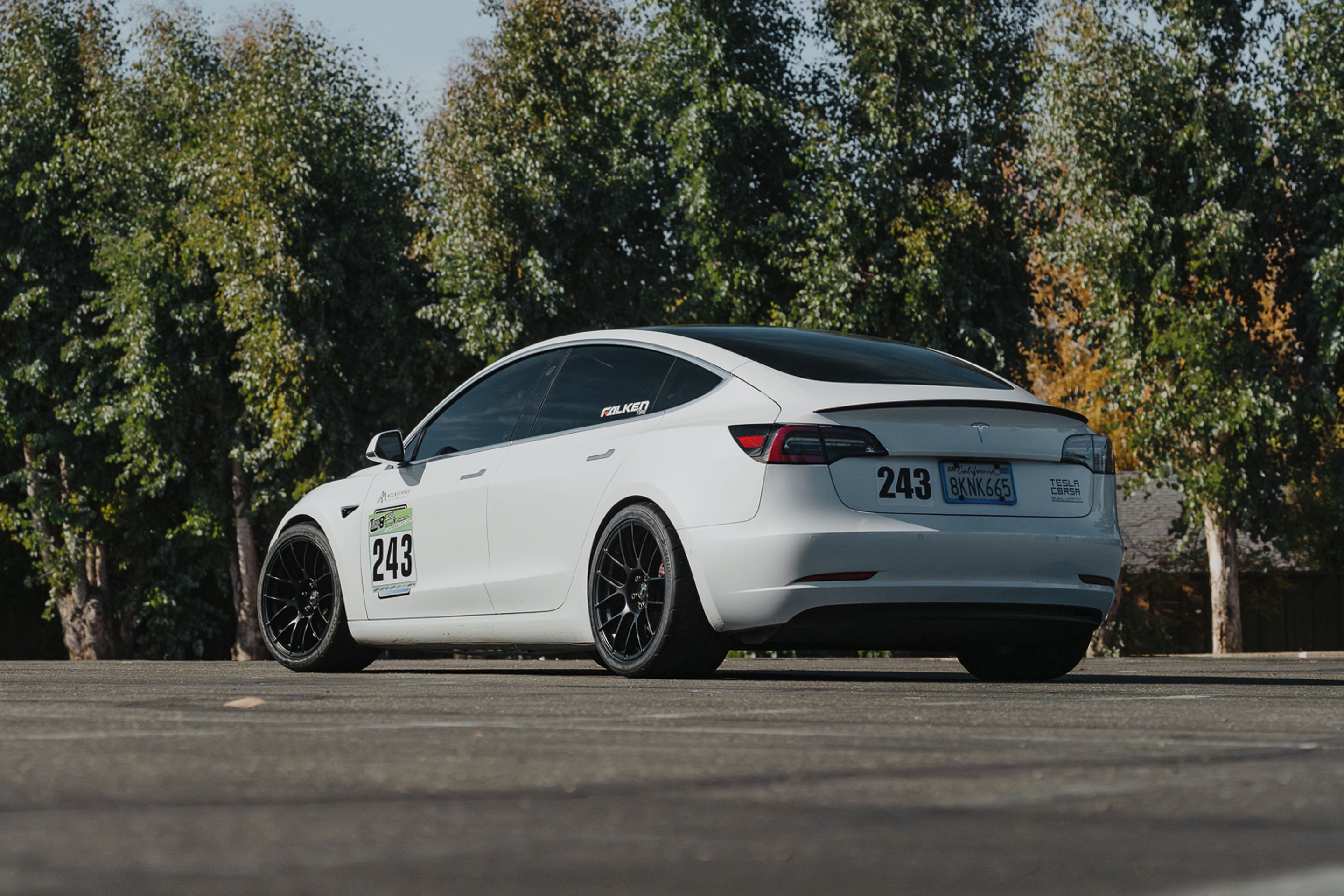 White Tesla Model 3 with 19" EC-7RS Apex wheels in Satin Black