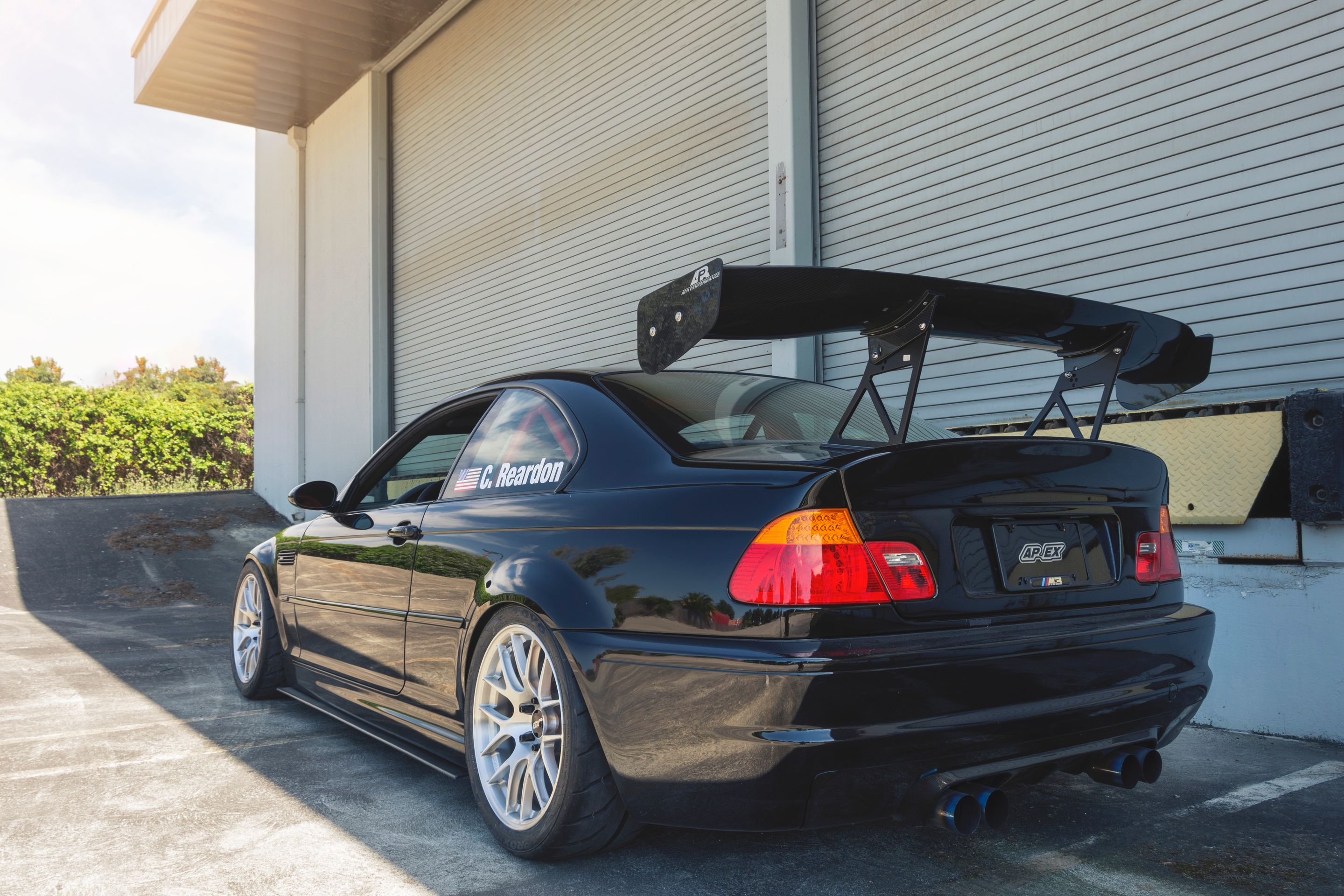 Black BMW E46 M3 with 18" EC-7R Apex wheels in Brushed Clear