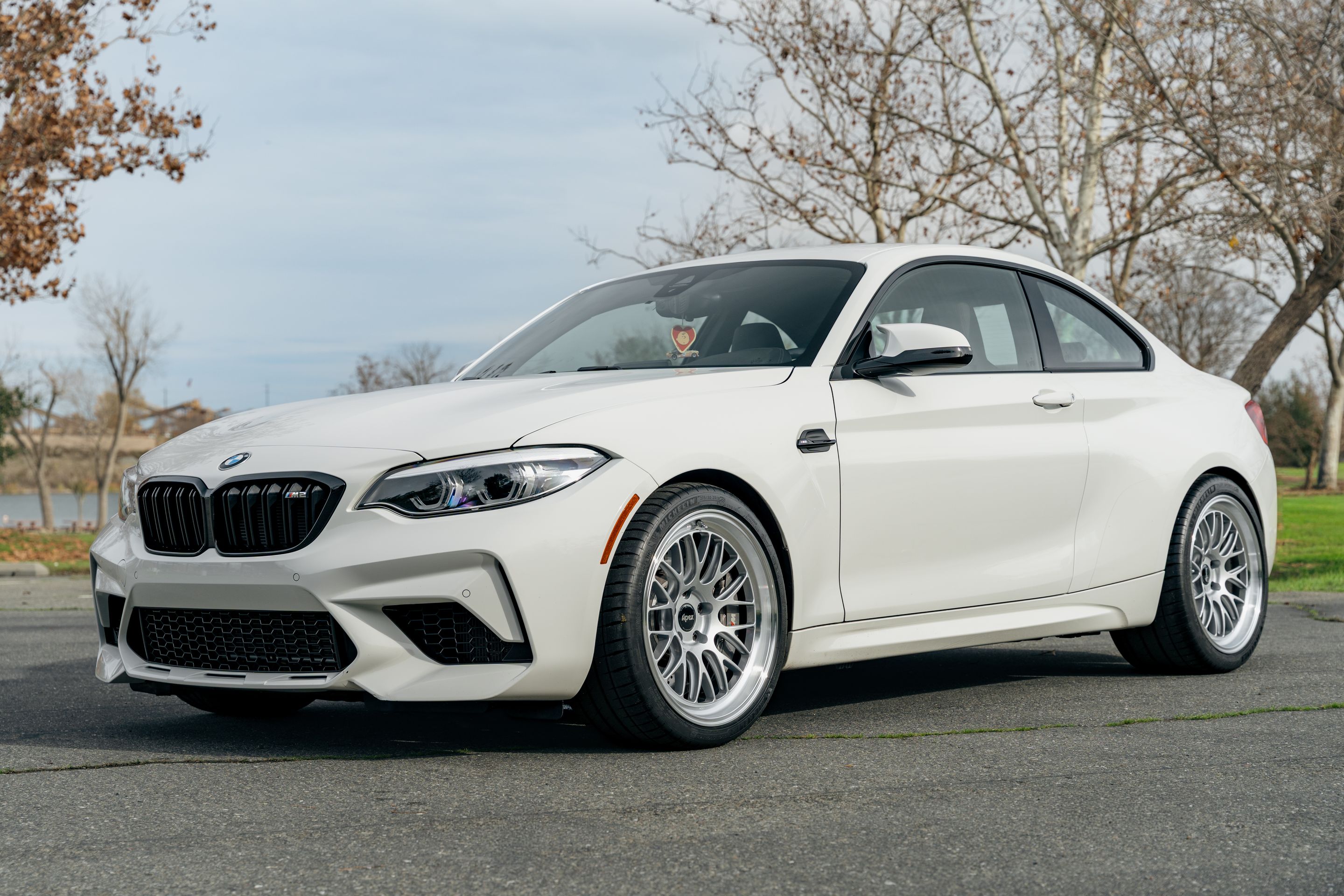White BMW F87 M2 with 19" ML-10RT Apex wheels in Machined Lip Race Silver