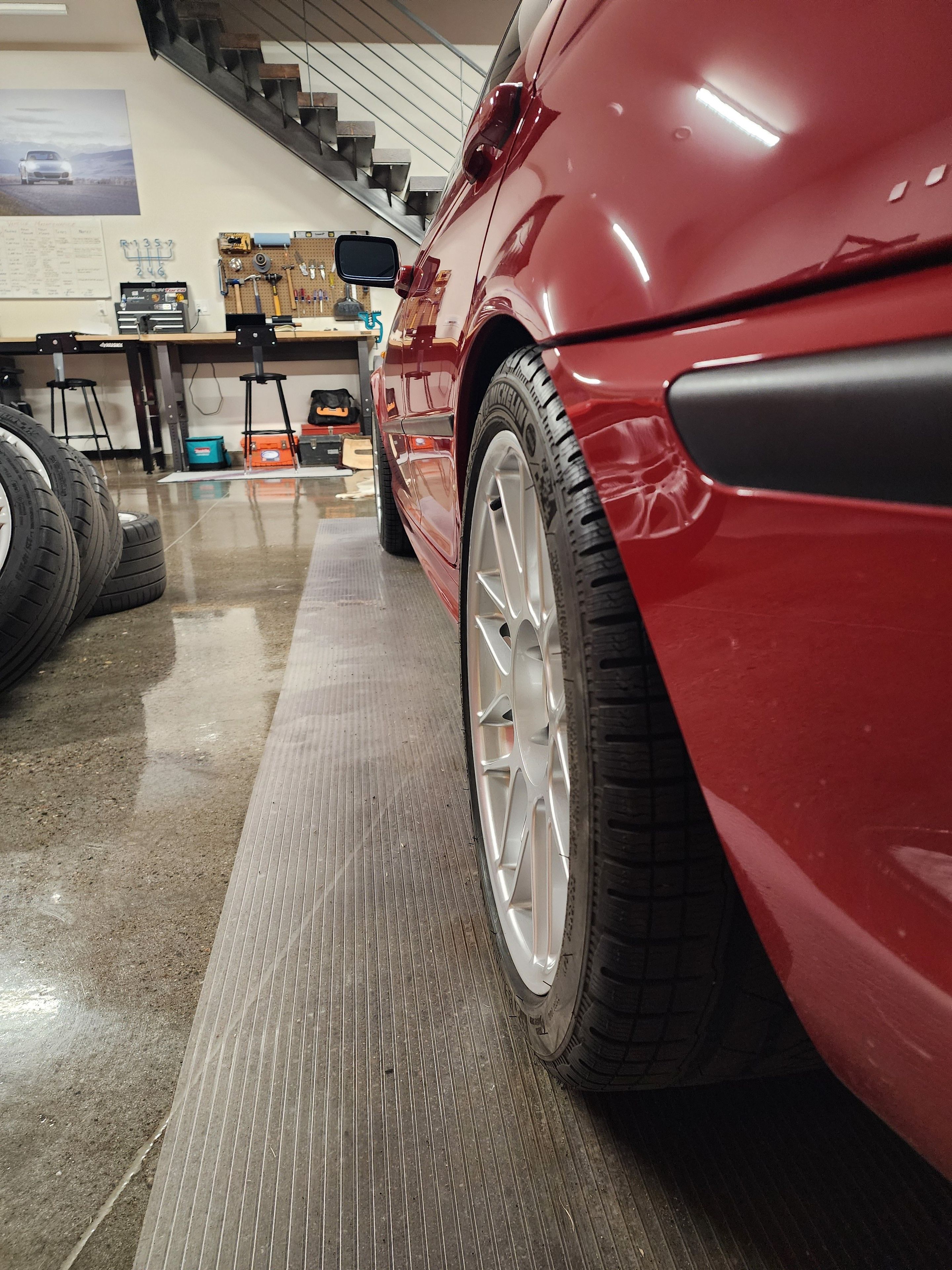 Red BMW E46 3 Series with 18" ARC-8 Apex wheels in Race Silver