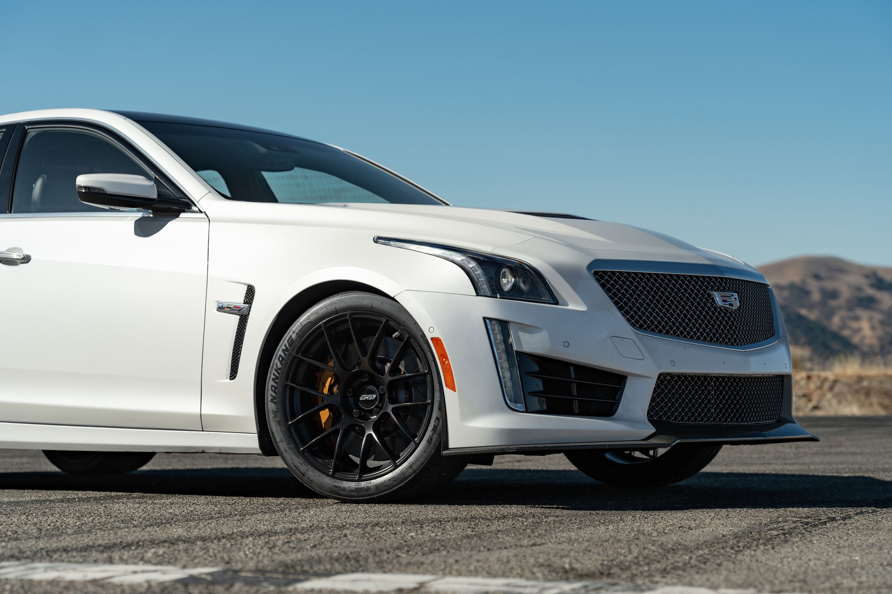White Cadillac Gen 3 CTS-V with 19" EC-7RS Apex wheels in Satin Black
