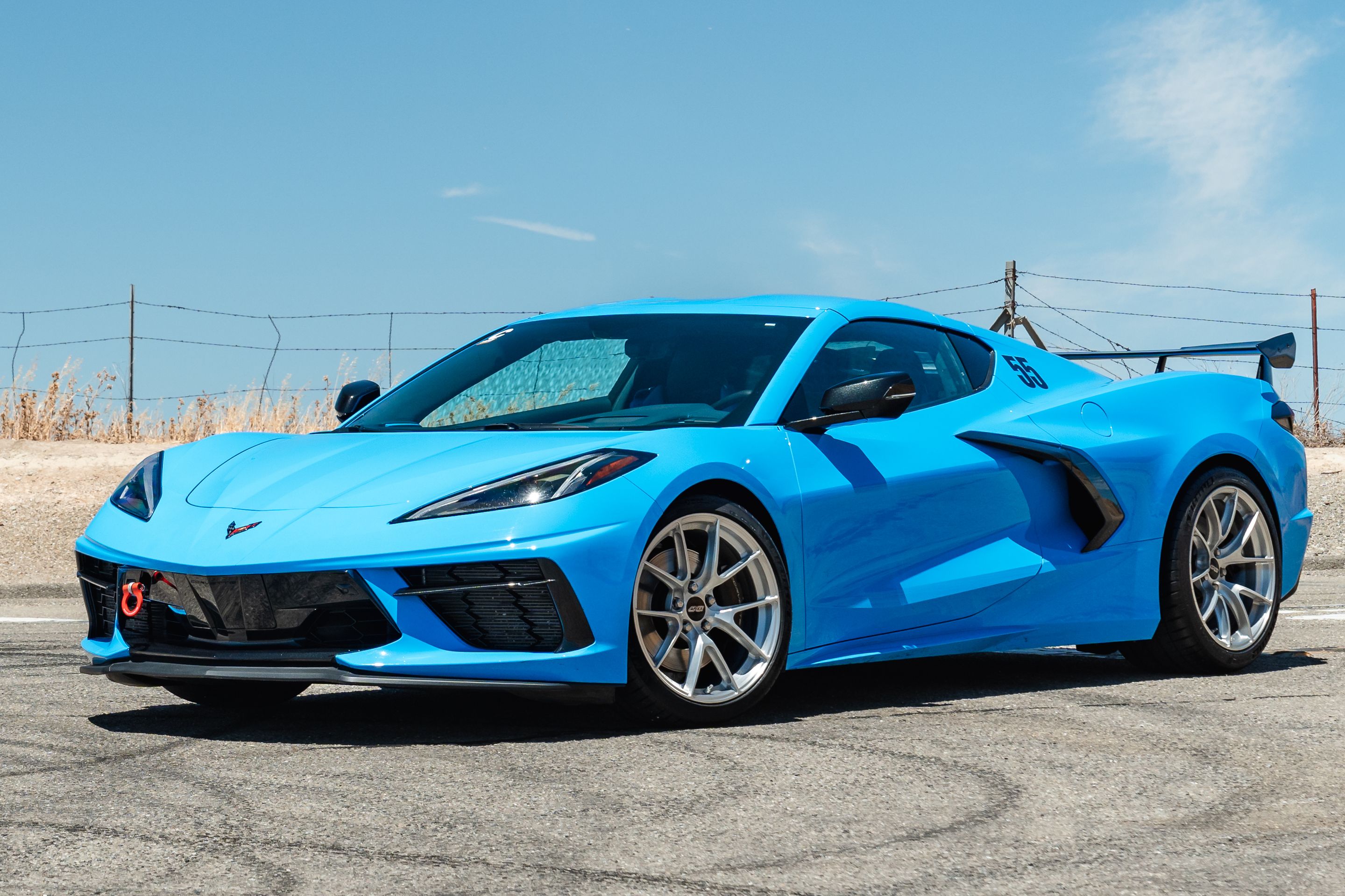 Blue Chevrolet C8 Corvette Stingray/Z51 with 19" VS-5RS Apex wheels in Brushed Clear