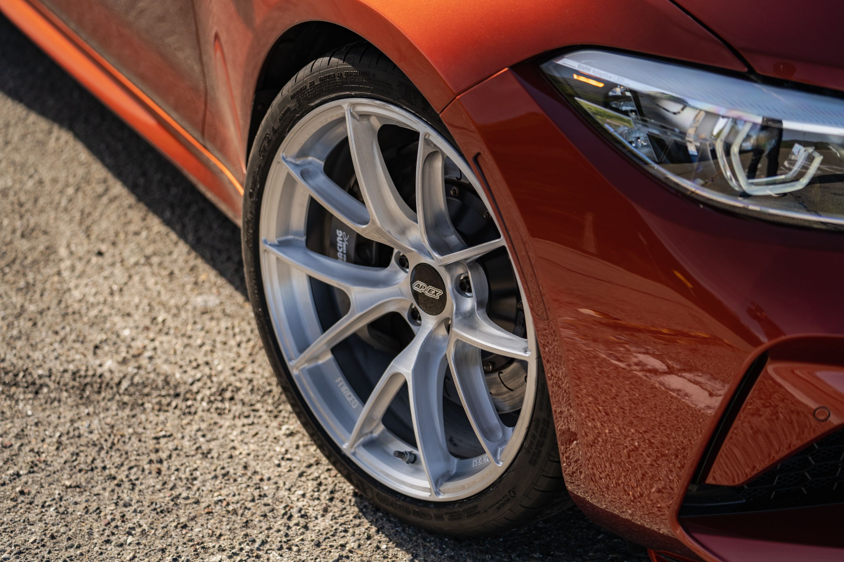 Orange BMW F87 M2 with 19" VS-5RS Apex wheels in Brushed Clear