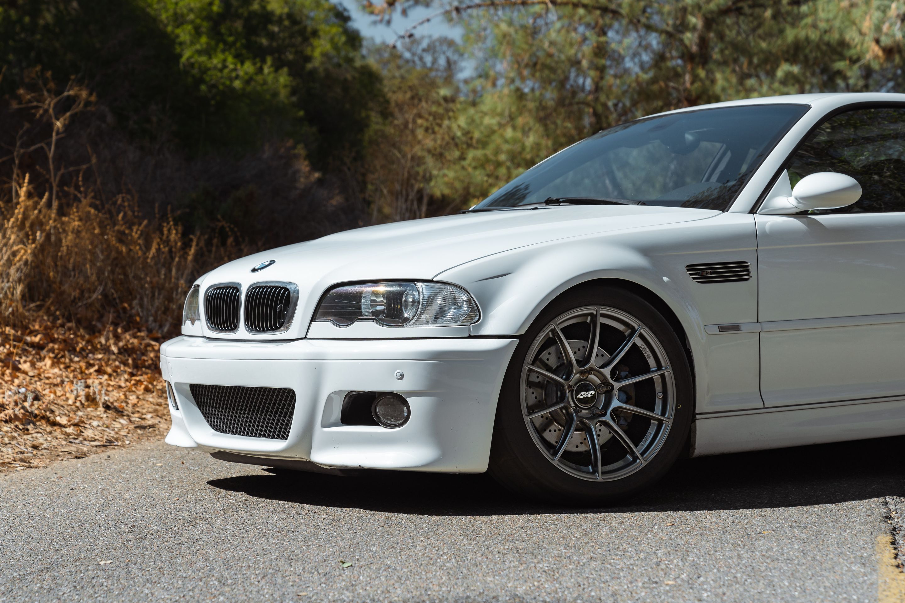 White BMW E46 M3 with 18" SM-10RS Apex wheels in Anthracite