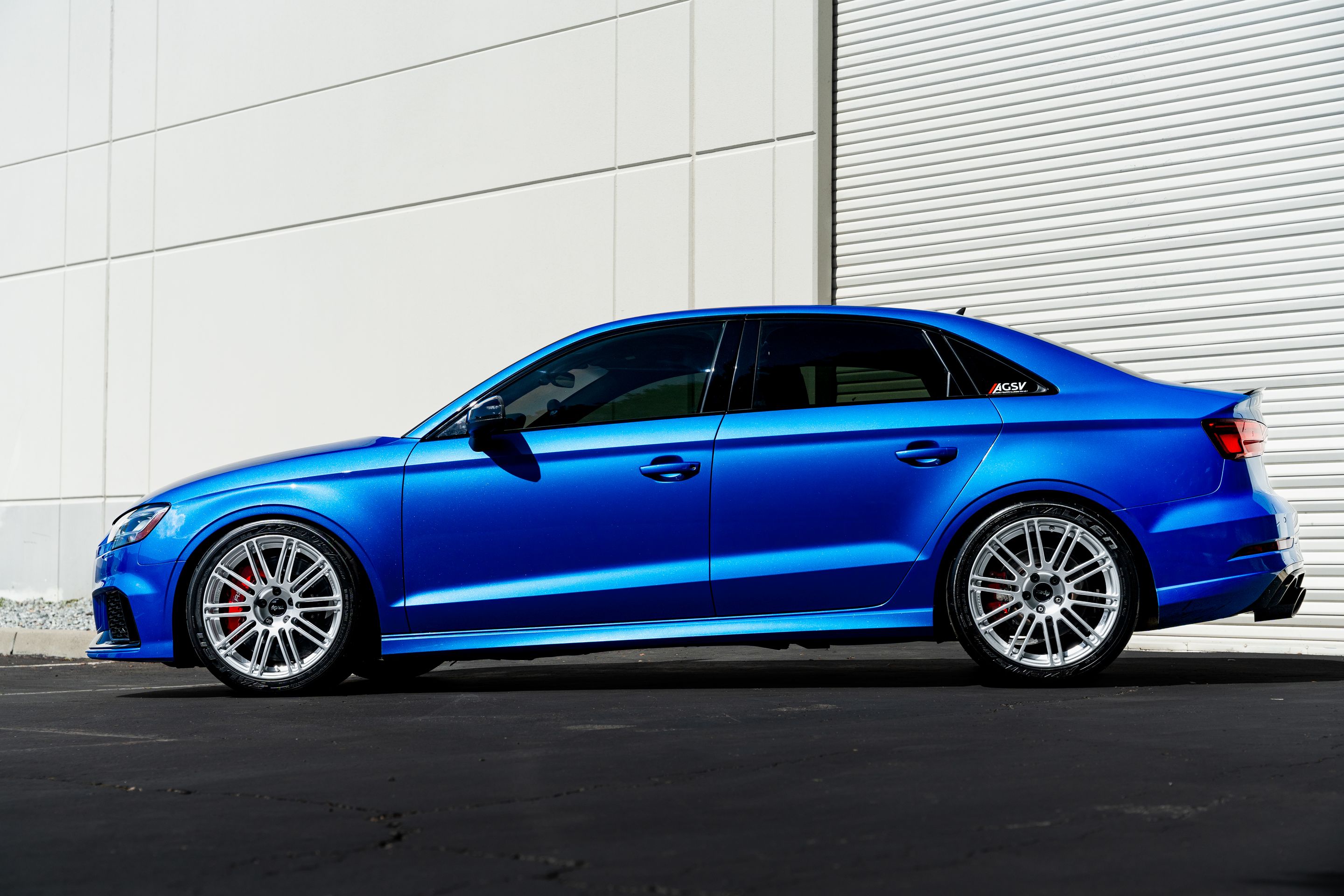 Blue Audi 8V RS 3 with 18" TC-10RT Apex wheels in Race Silver