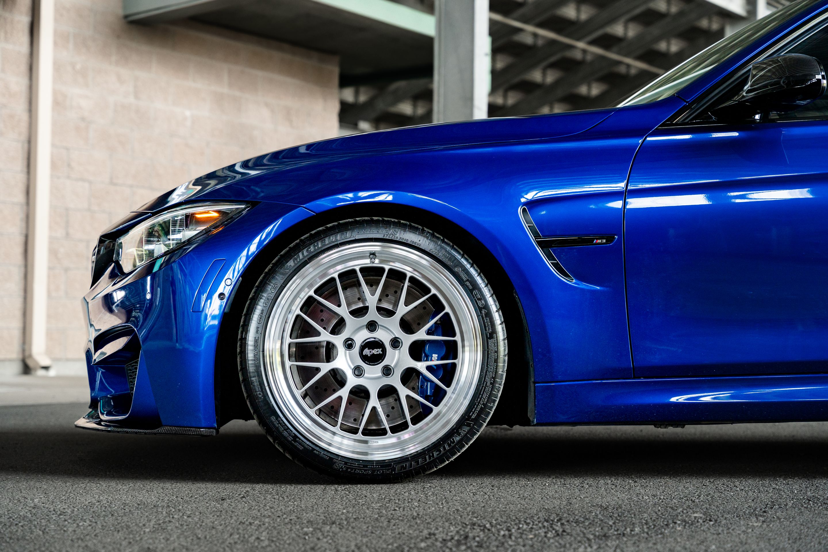 Blue BMW F80 M3 with 19" ML-10RT Apex wheels in Machined Lip Race Silver