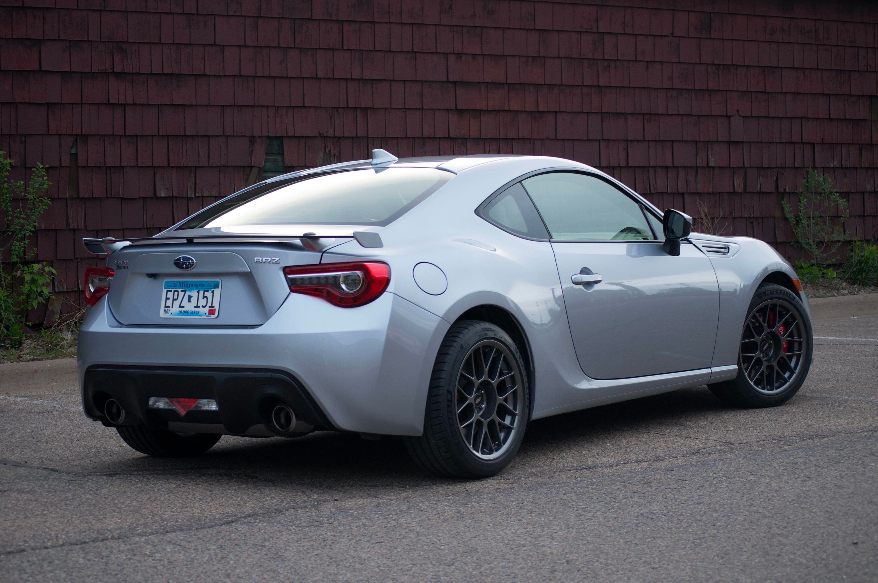 Silver Subaru ZC6 / Gen 1 BRZ with 17" ARC-8 Apex wheels in Anthracite
