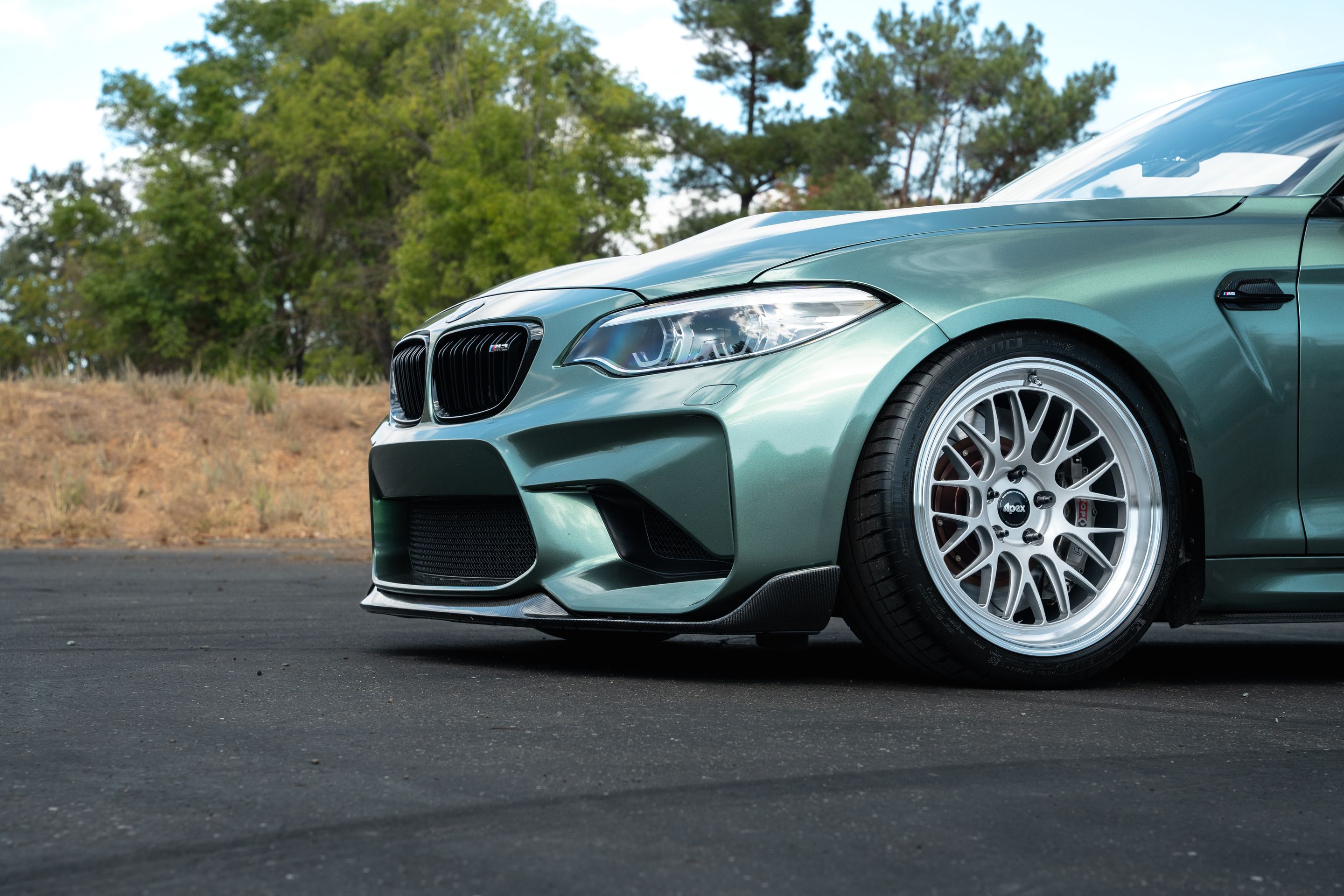 Green BMW F87 M2 with 19" ML-10RT Apex wheels in Machined Lip Race Silver