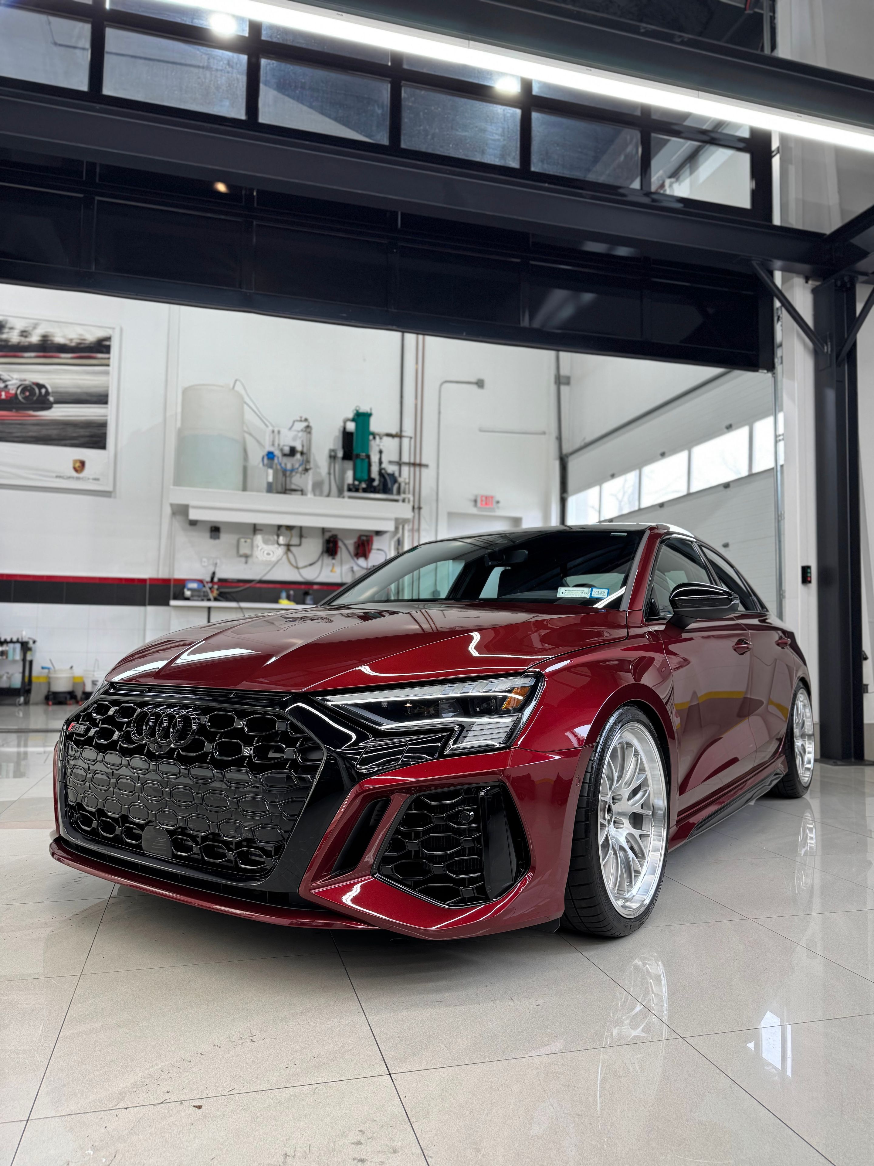 Red Audi 8Y RS 3 with 19" ML-10RT Apex wheels in Machined Lip Brushed Clear