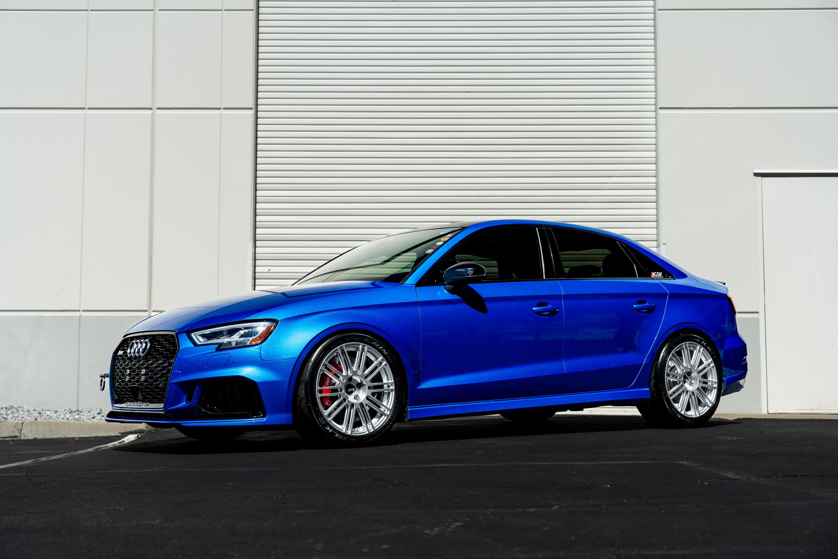Blue Audi 8V RS 3 with 18" TC-10RT Apex wheels in Race Silver