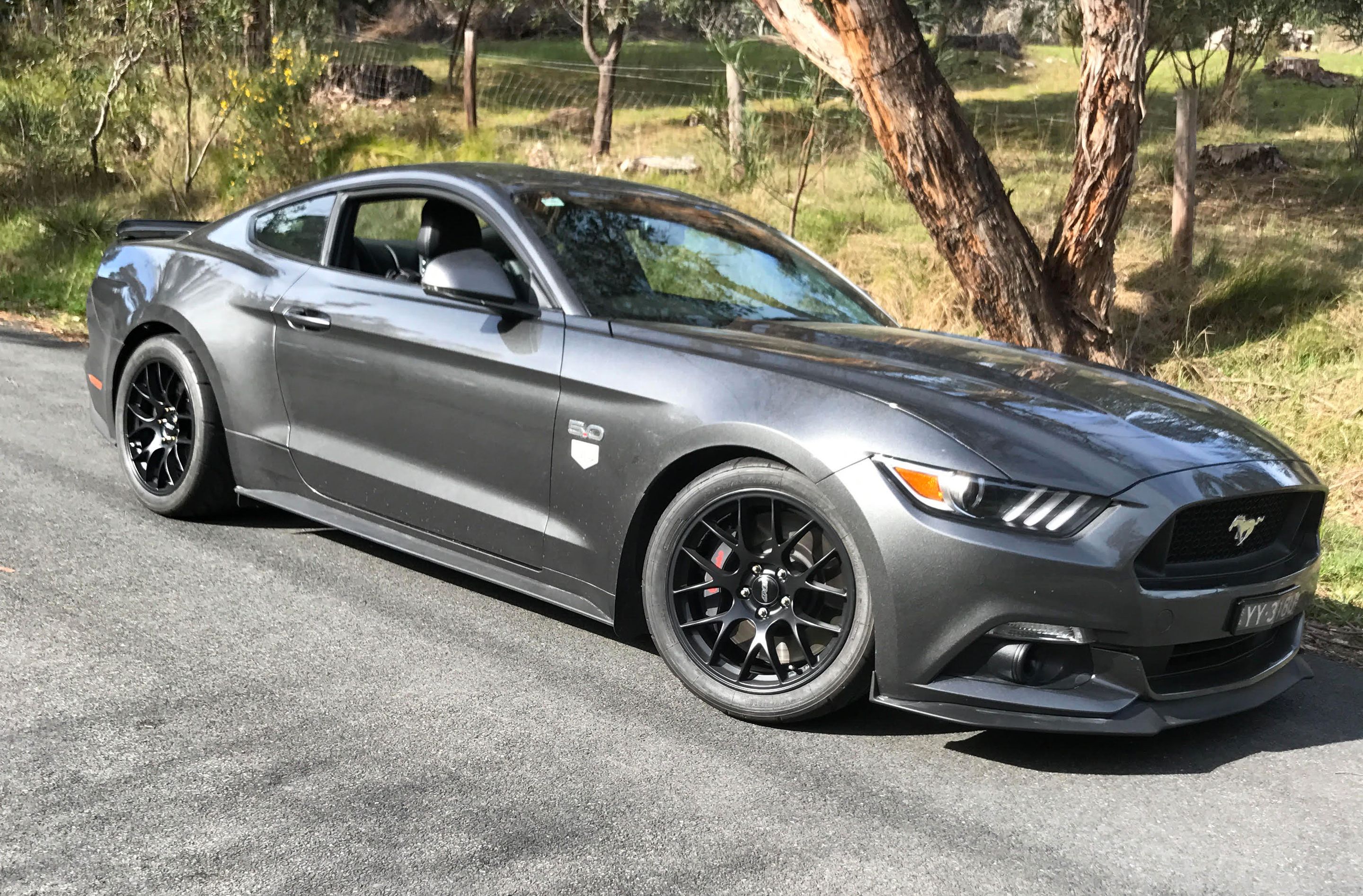 Grey Ford S550 Mustang GT with 18" EC-7 Apex wheels in Satin Black