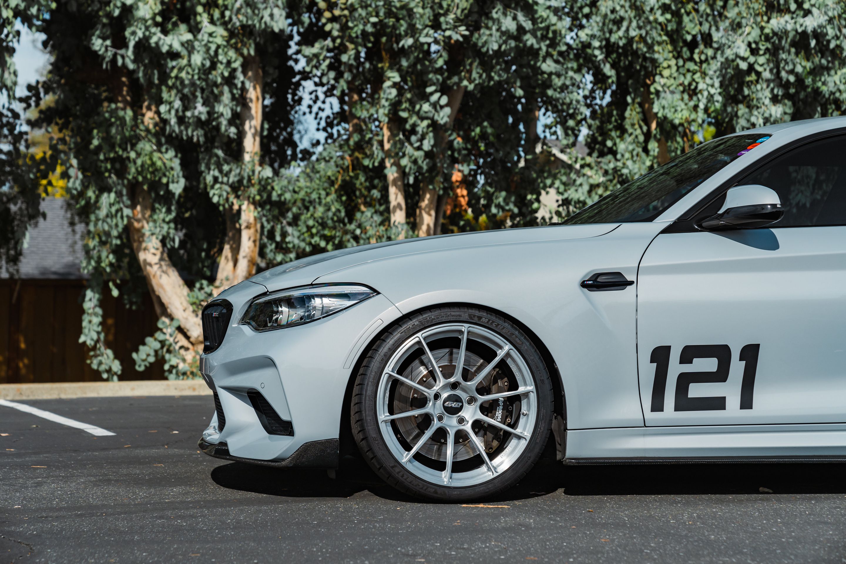 Silver BMW F87 M2 with 19" SM-10RS Apex wheels in Brushed Clear