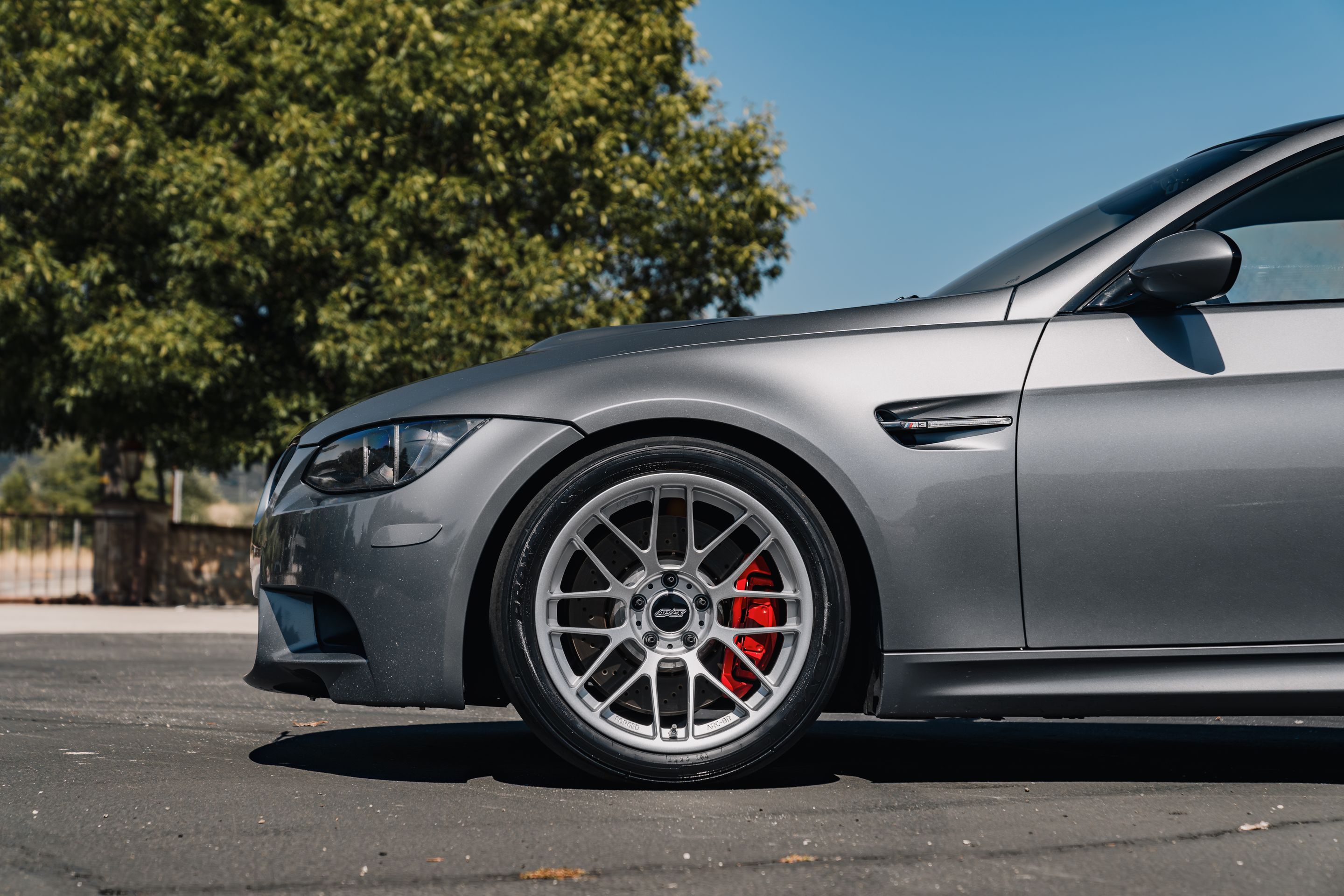 Grey BMW E92 Coupe M3 with 18" ARC-8RT Apex wheels in Race Silver