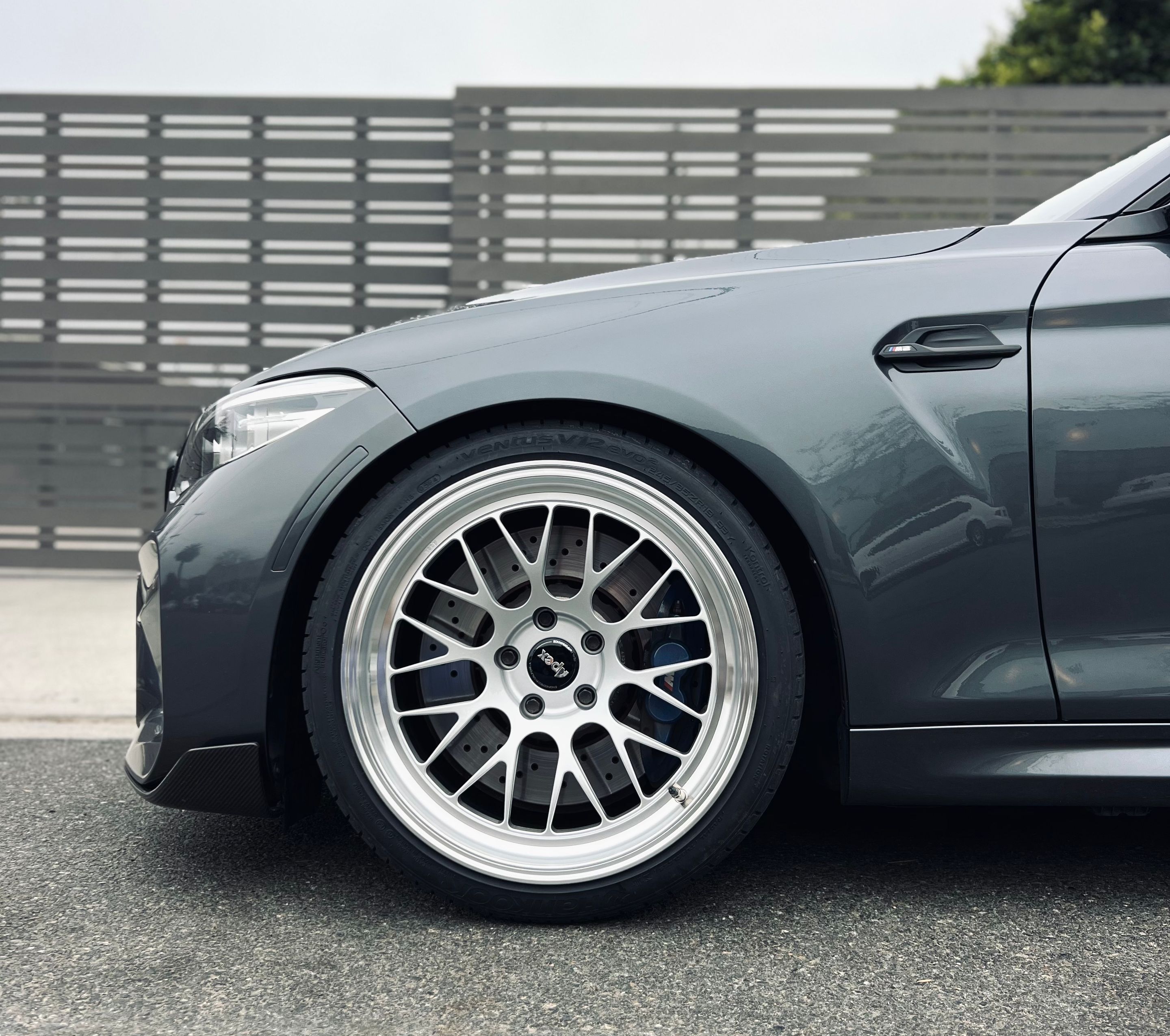 Grey BMW F87 M2 with 19" ML-10RT Apex wheels in Machined Lip Race Silver