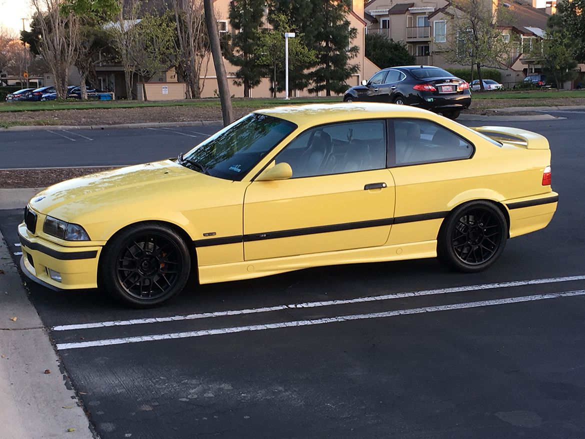 Yellow BMW E36 M3 with 17" ARC-8 Apex wheels in Satin Black