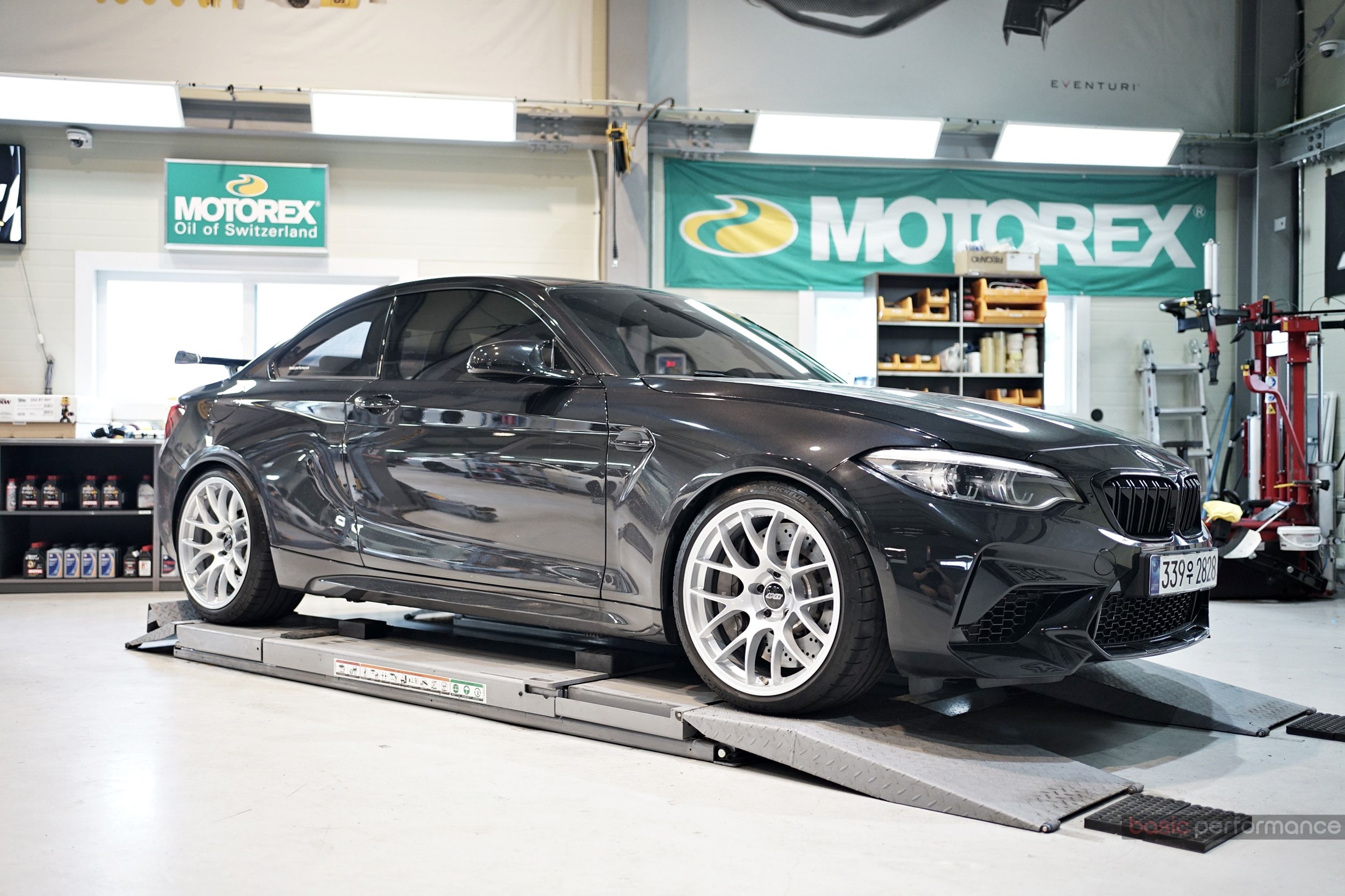 Black BMW F87 M2 with 19" EC-7 Apex wheels in Race Silver