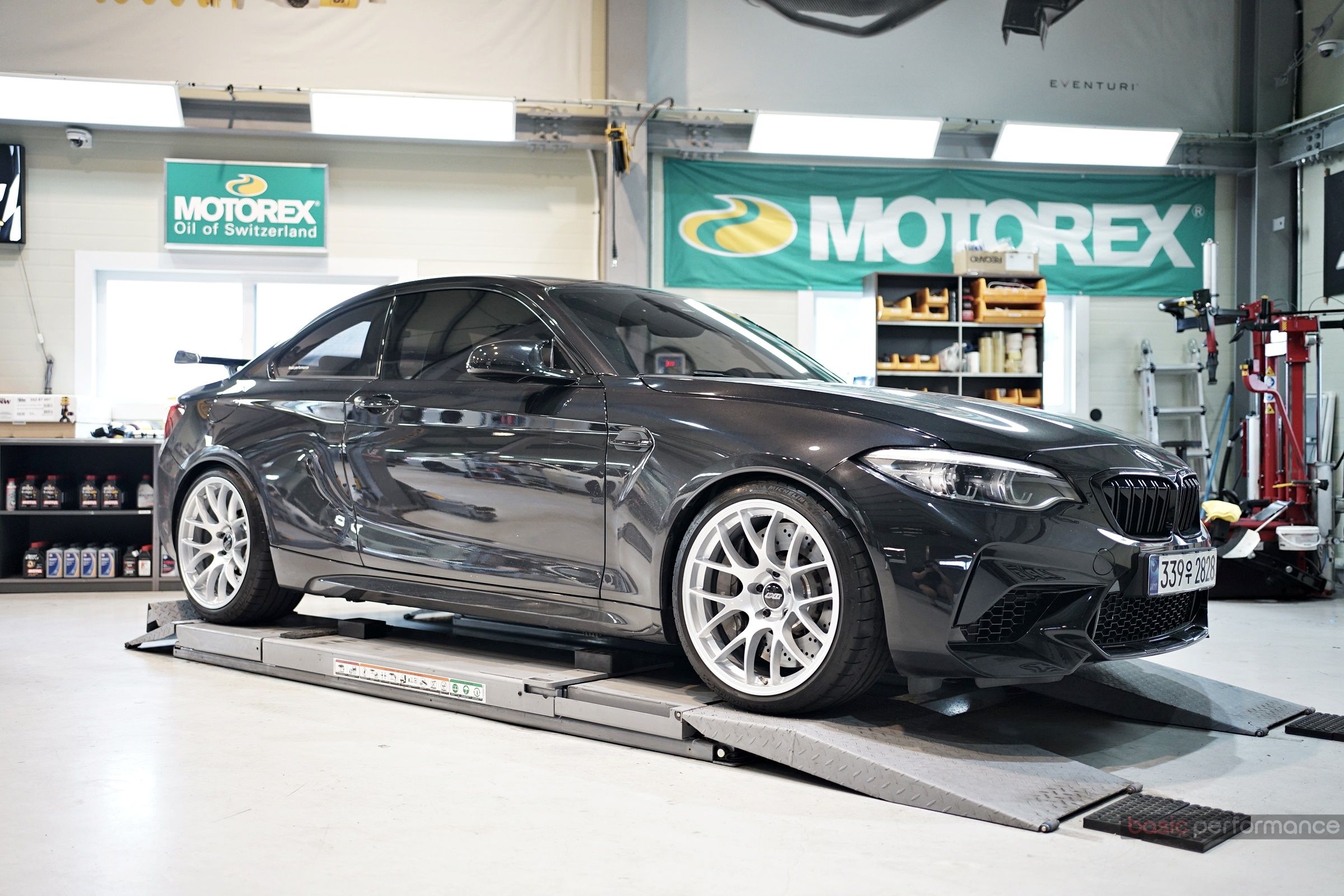 Black BMW F87 M2 with 19" EC-7 Apex wheels in Race Silver