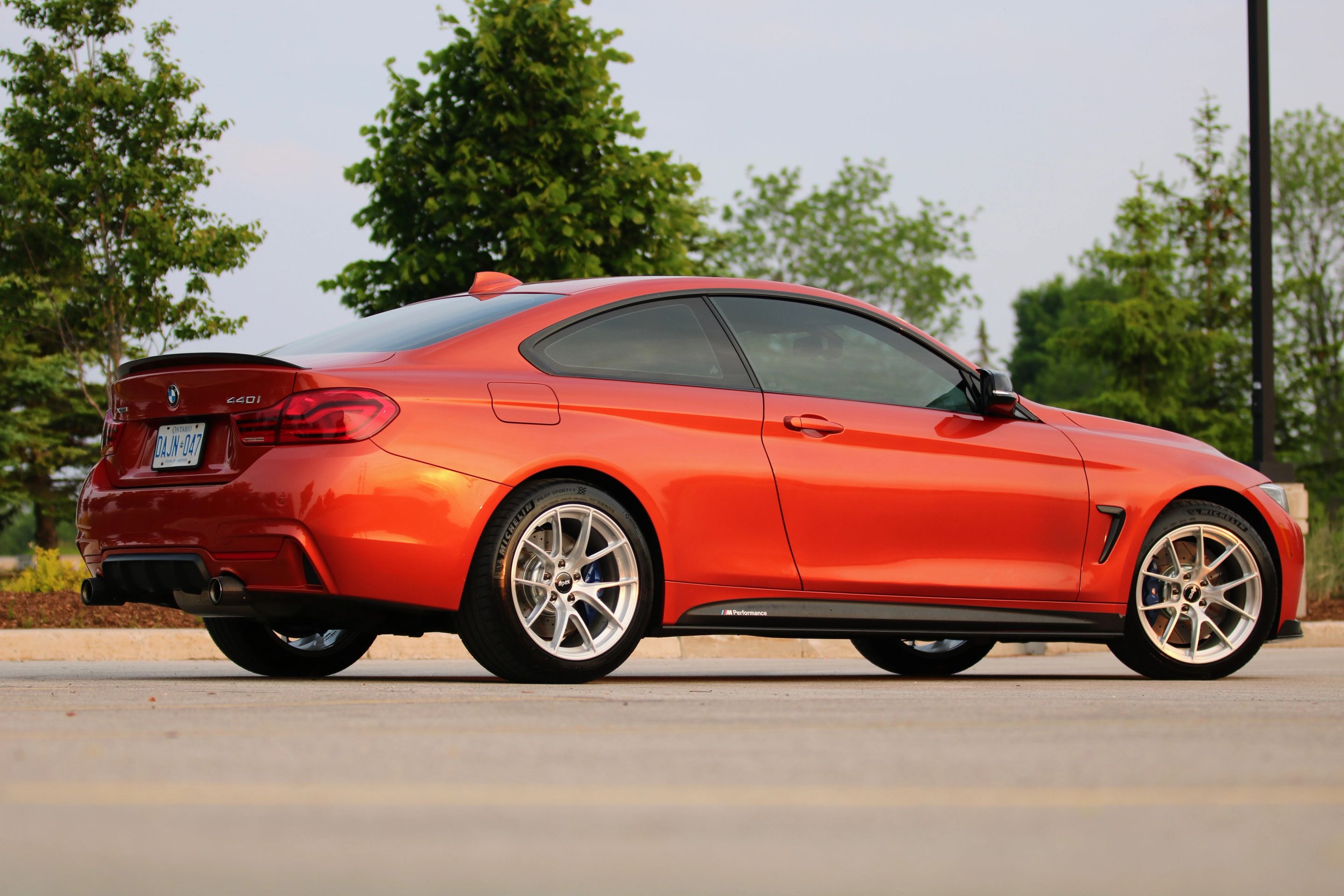 Orange BMW F32 Coupe 4 Series with 18" VS-5RS Apex wheels in Brushed Clear