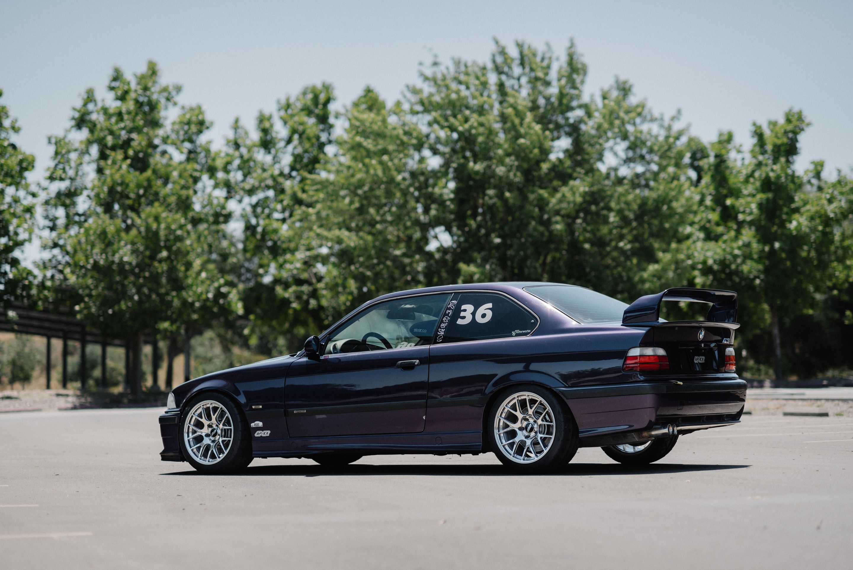 Purple BMW E36 M3 with 17" EC-7R Apex wheels in Polished