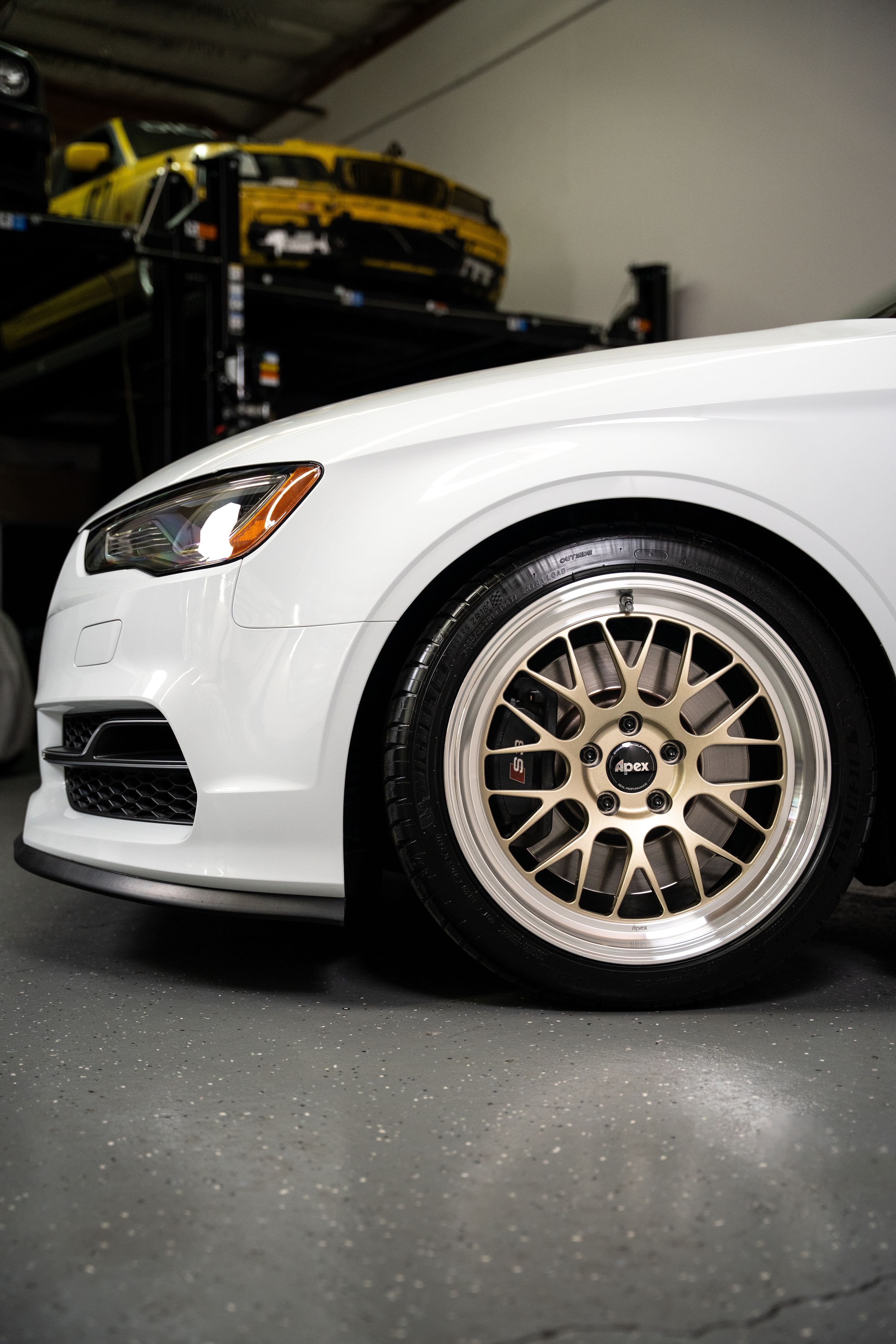 White Audi 8V S3 with 18" ML-10RT Apex wheels in Machined Lip Gloss Motorsport Gold