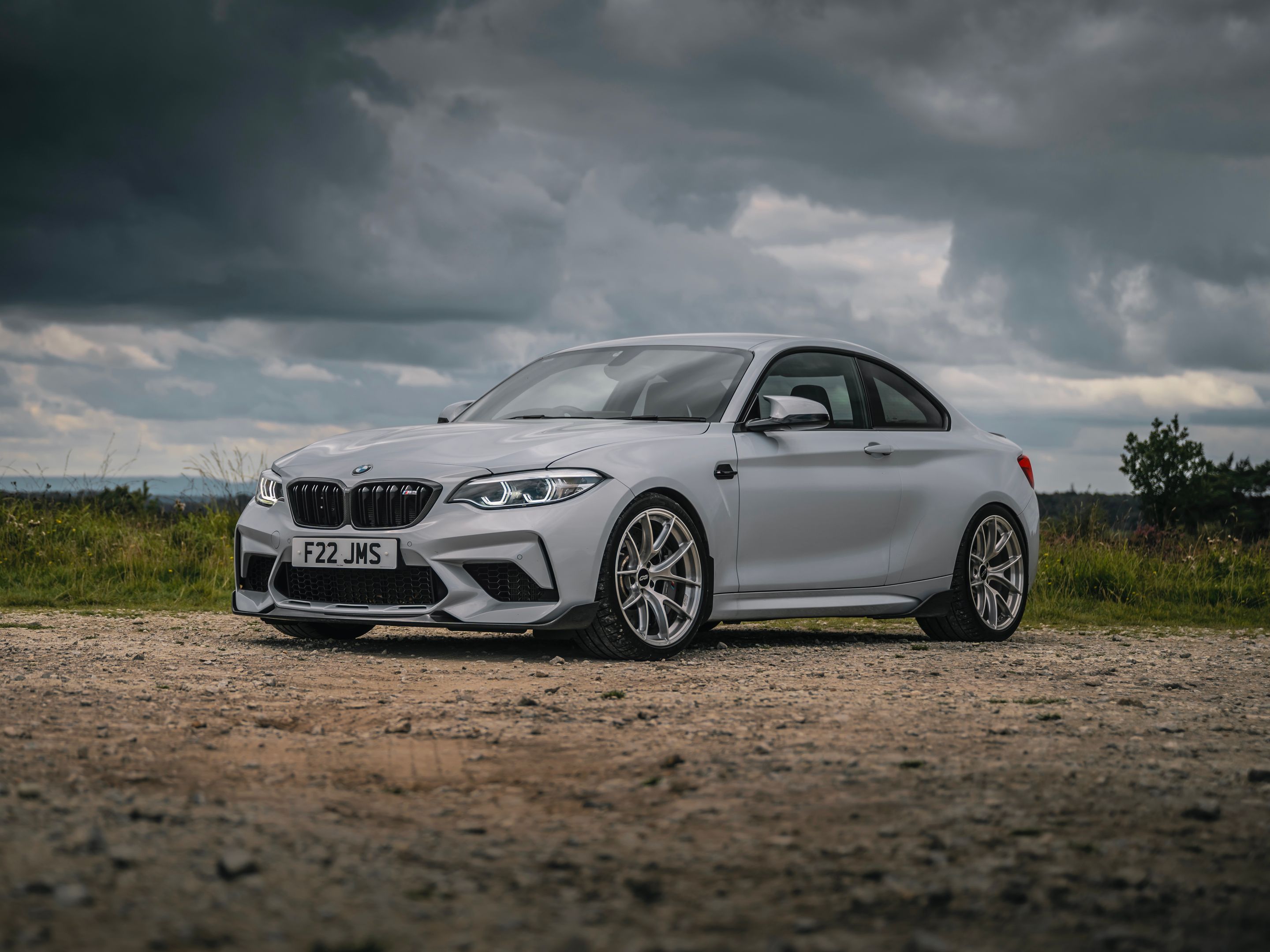 Silver BMW F87 M2 with 19" VS-5RS Apex wheels in Brushed Clear