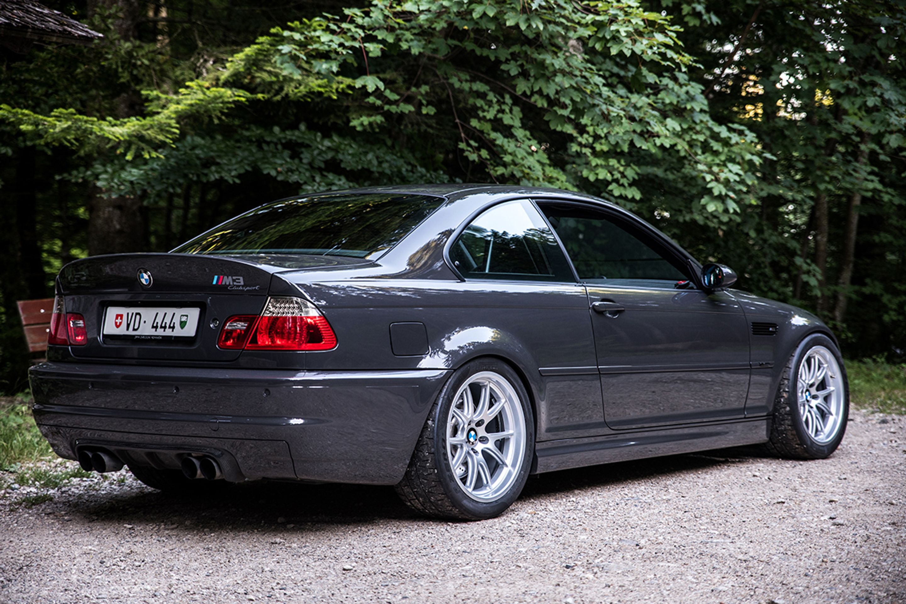 Grey BMW E46 M3 with 18" FL-5 Apex wheels in Race Silver
