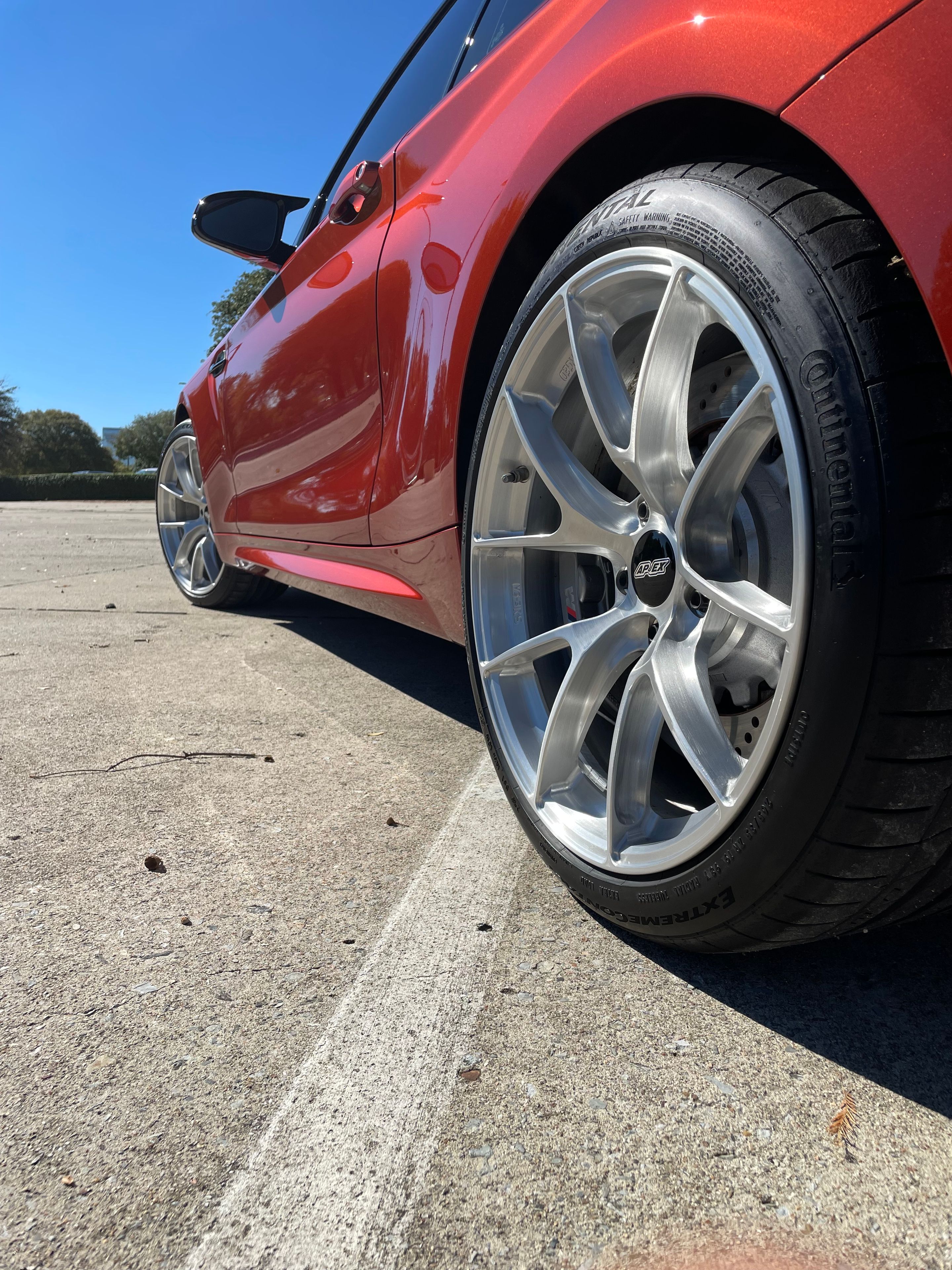 Orange BMW F87 M2 with 19" VS-5RS Apex wheels in Brushed Clear