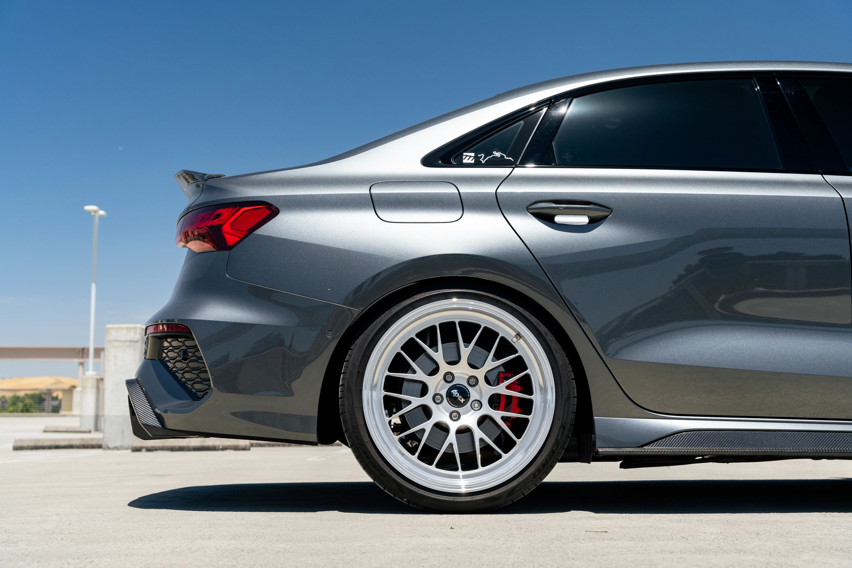 Grey Audi 8Y RS 3 with 19" ML-10RT Apex wheels in Machined Lip Race Silver