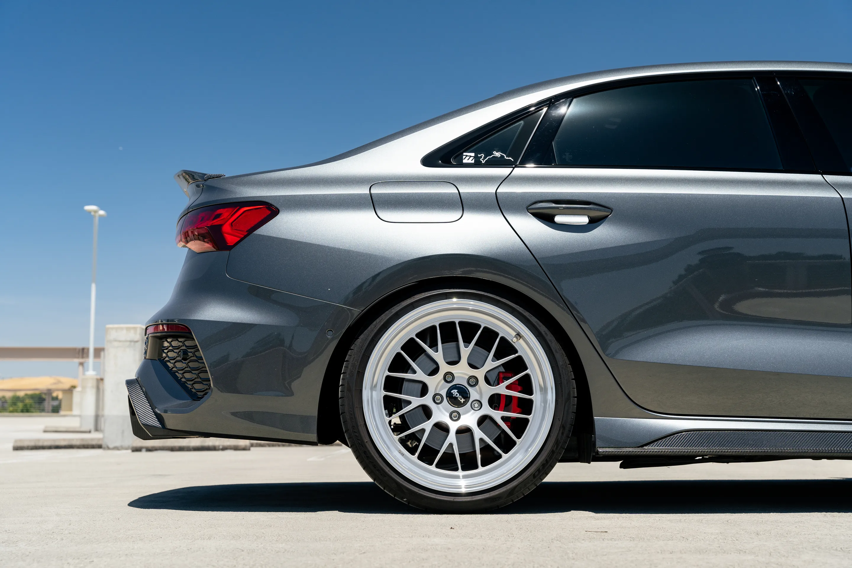 Grey Audi 8Y RS 3 with 19" ML-10RT Apex wheels in Machined Lip Race Silver