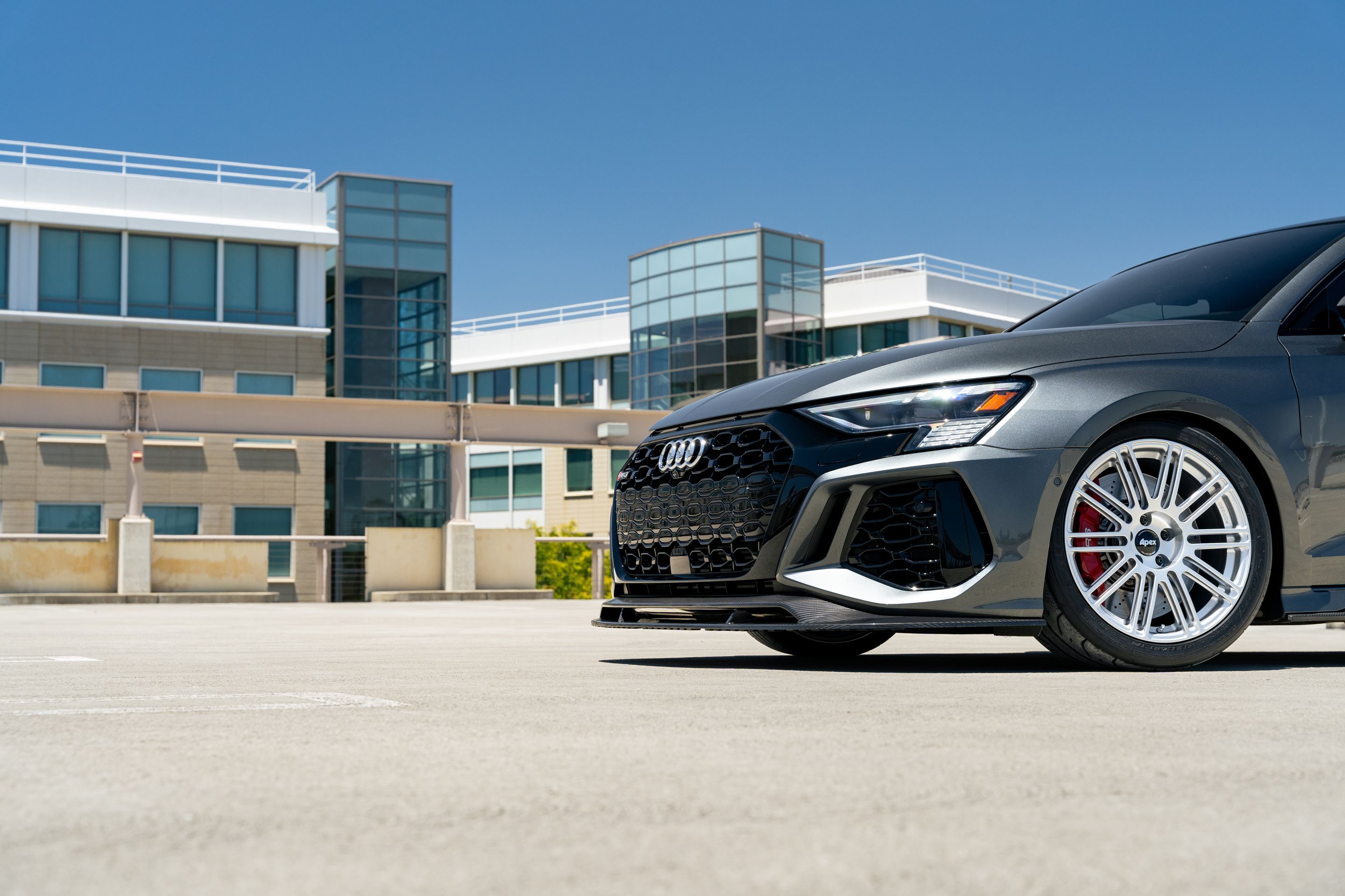 Grey Audi 8Y RS 3 with 18" TC-10RT Apex wheels in Race Silver
