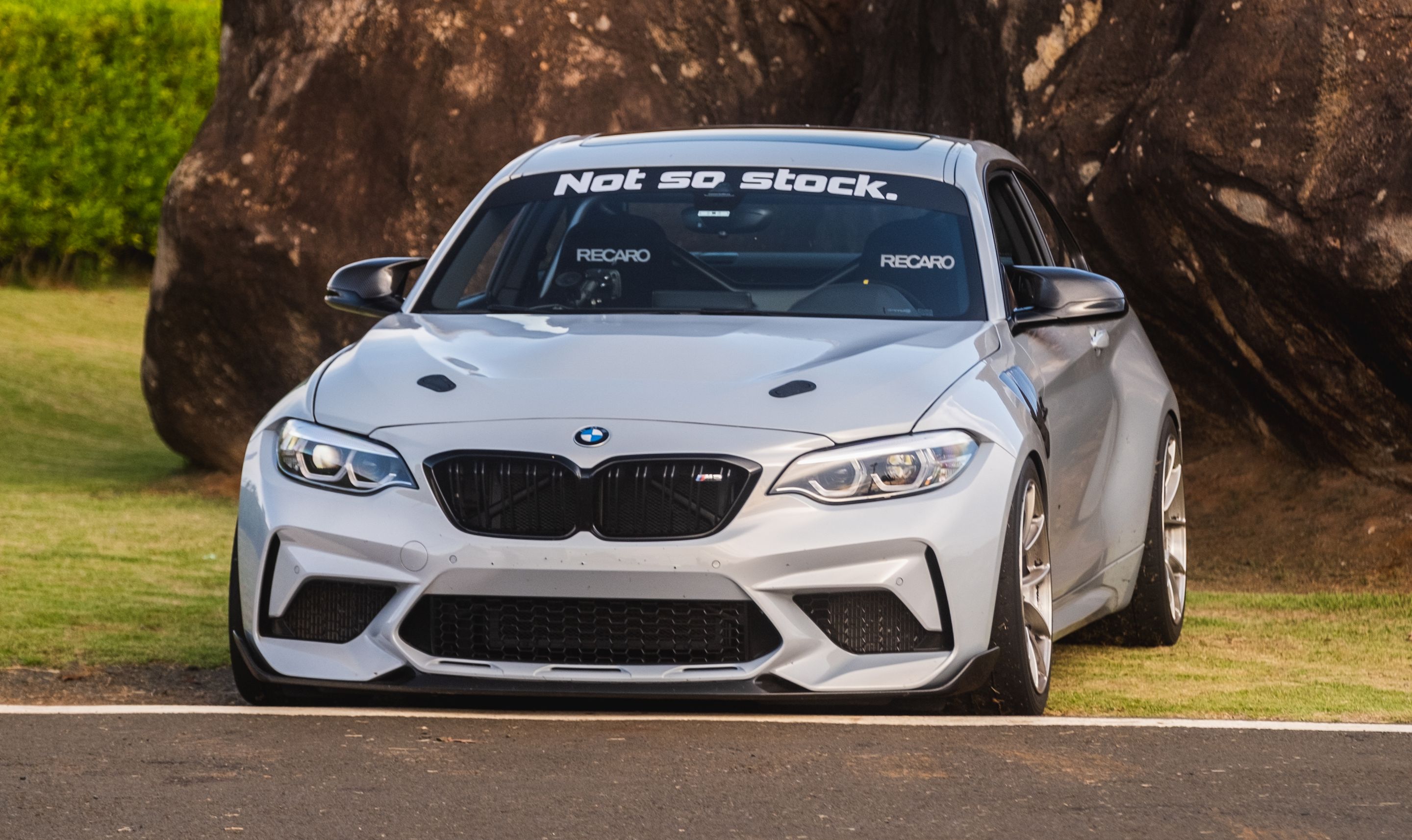 Silver BMW F87 M2 with 18" VS-5RS Apex wheels in Brushed Clear