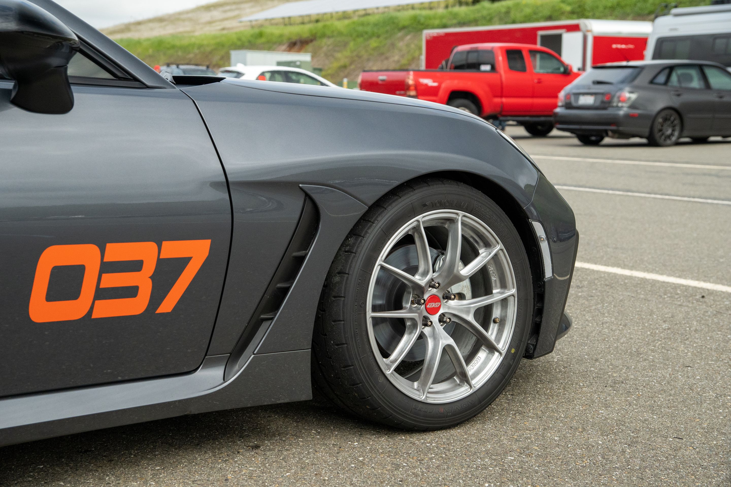 Grey Toyota GR86 with 17" VS-5RS Apex wheels in Brushed Clear