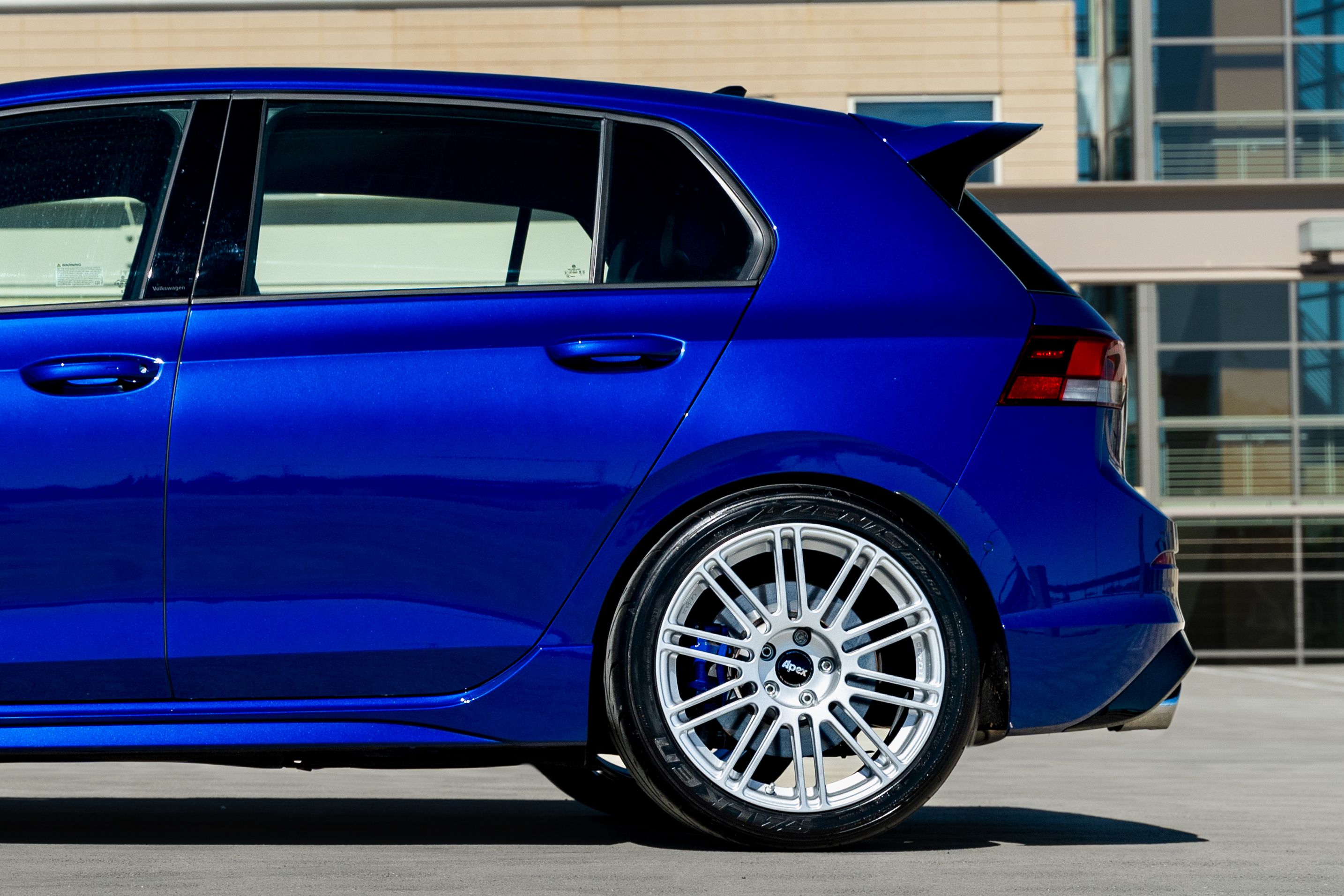 Blue VW MK8 Golf R with 18" TC-10RT Apex wheels in Race Silver