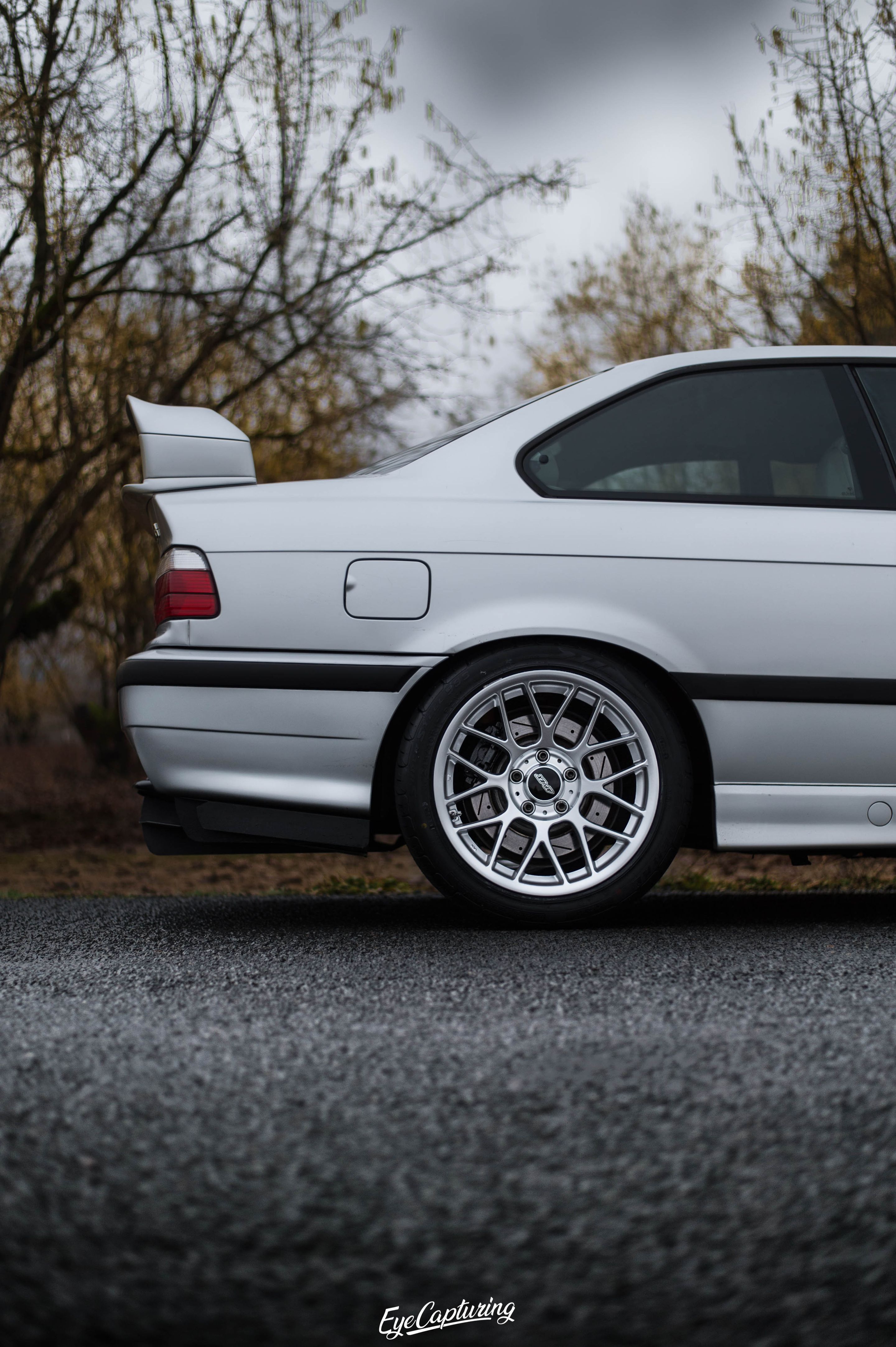 Silver BMW E36 M3 with 17" ARC-8 Apex wheels in Hyper Silver
