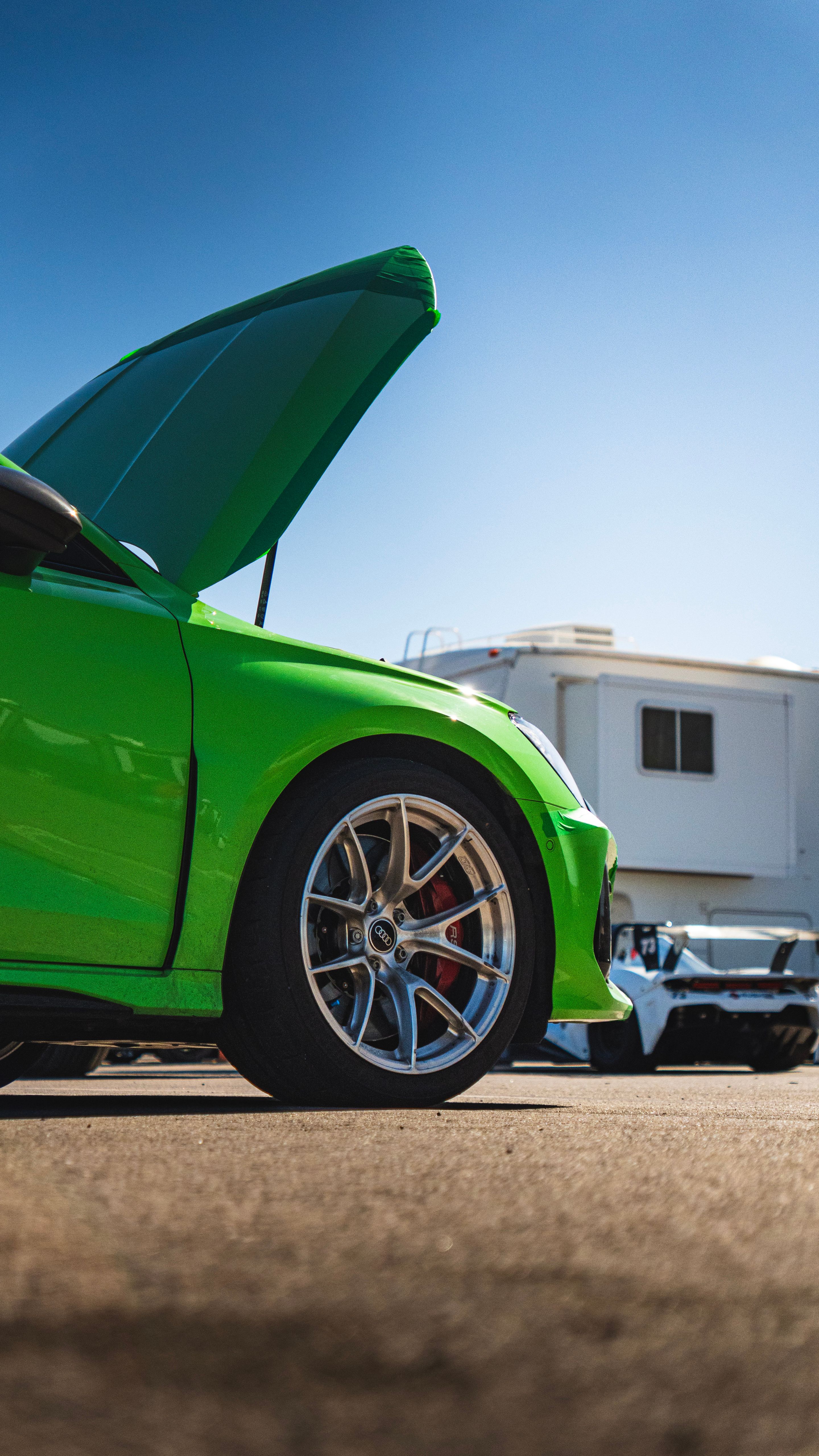 Green Audi 8Y RS 3 with 18" VS-5RS Apex wheels in Brushed Clear