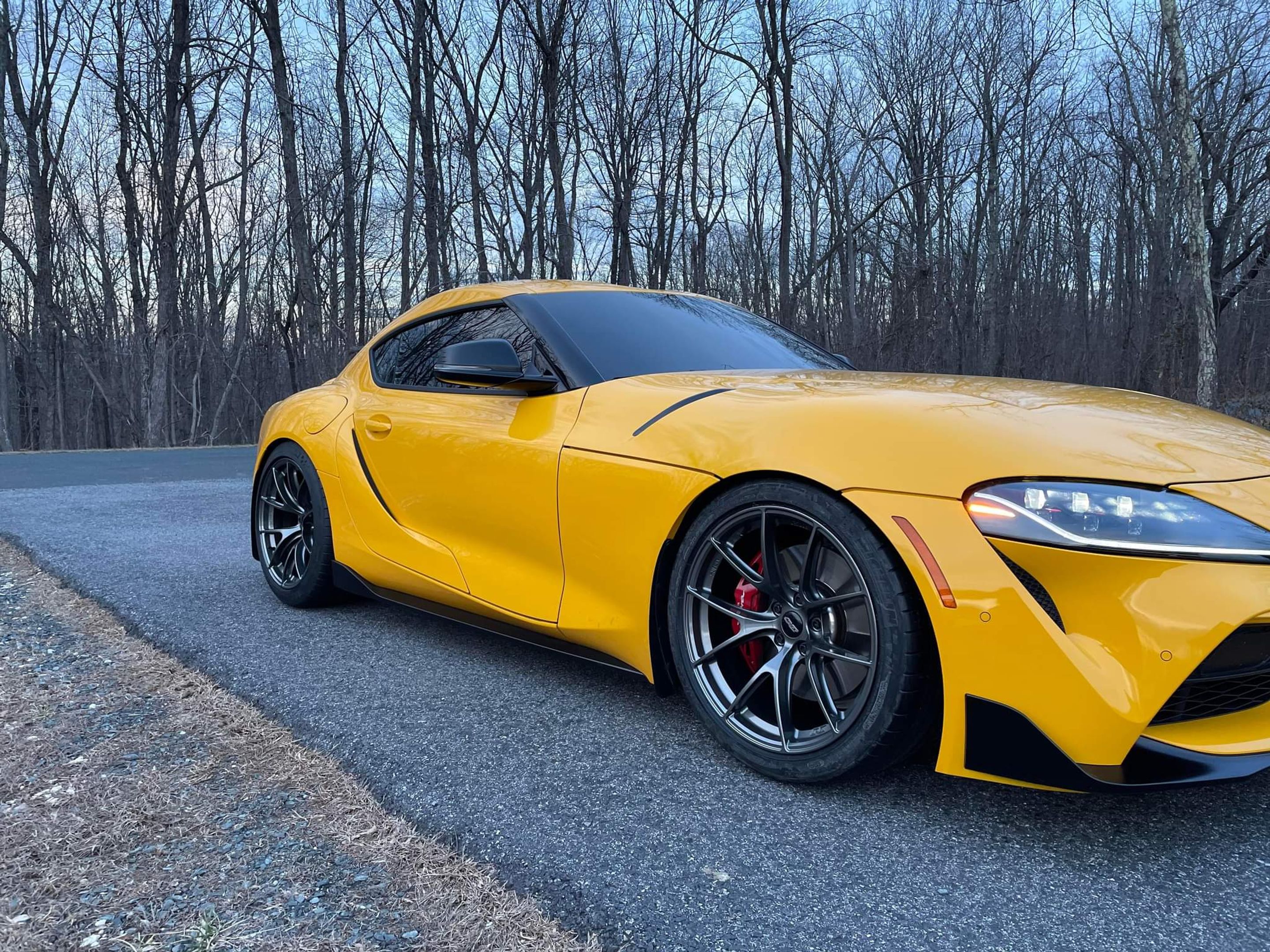 Yellow Toyota GR Supra with 19" VS-5RS Apex wheels in Anthracite