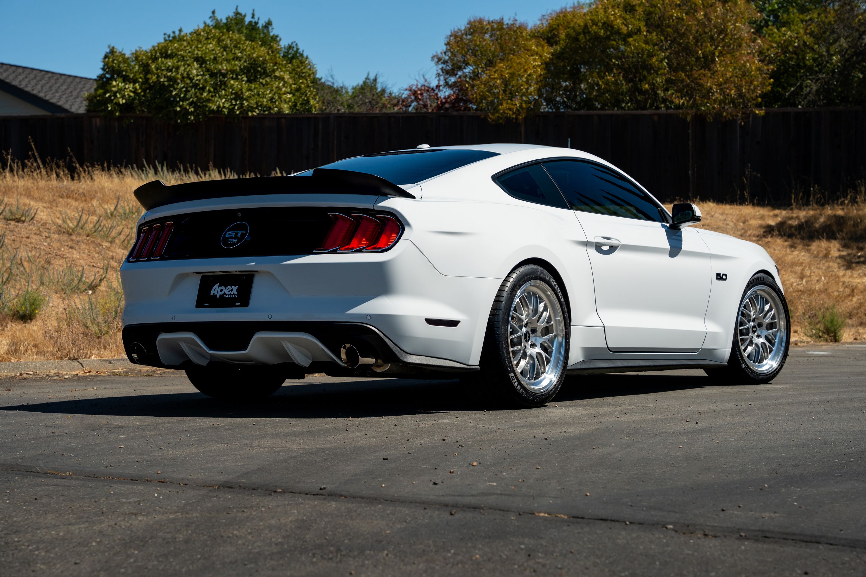 White Ford S550 Mustang GT with 19" ML-10RT Apex wheels in Machined Lip Brushed Clear