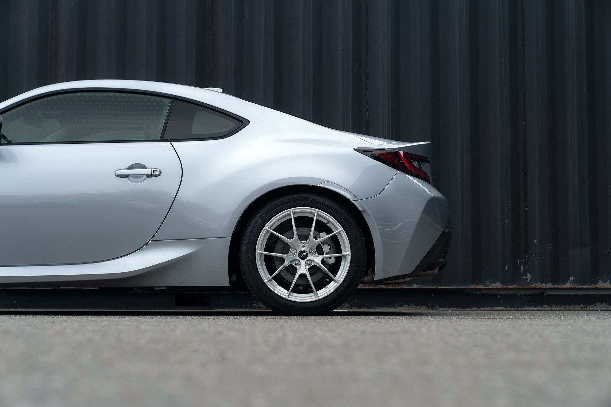 Silver Toyota GR86 with 17" VS-5RS Apex wheels in Brushed Clear