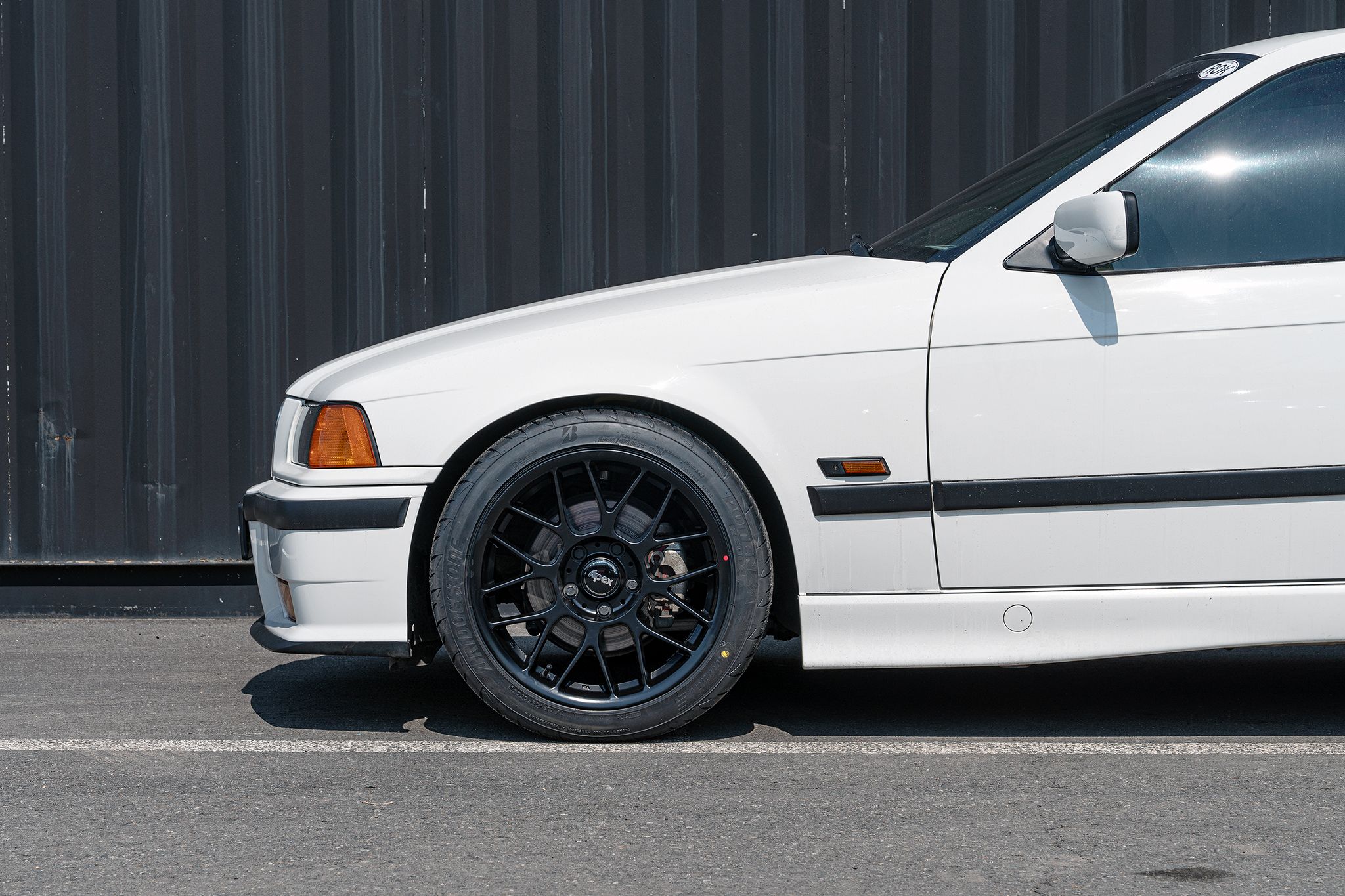 White BMW E36 3 Series with 17" ARC-8 Apex wheels in Satin Black